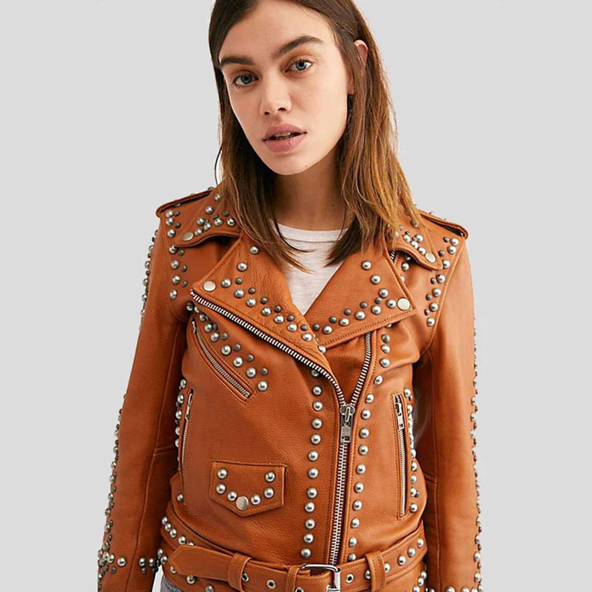 Luma Tan Studded Lambskin Leather Biker Jacket