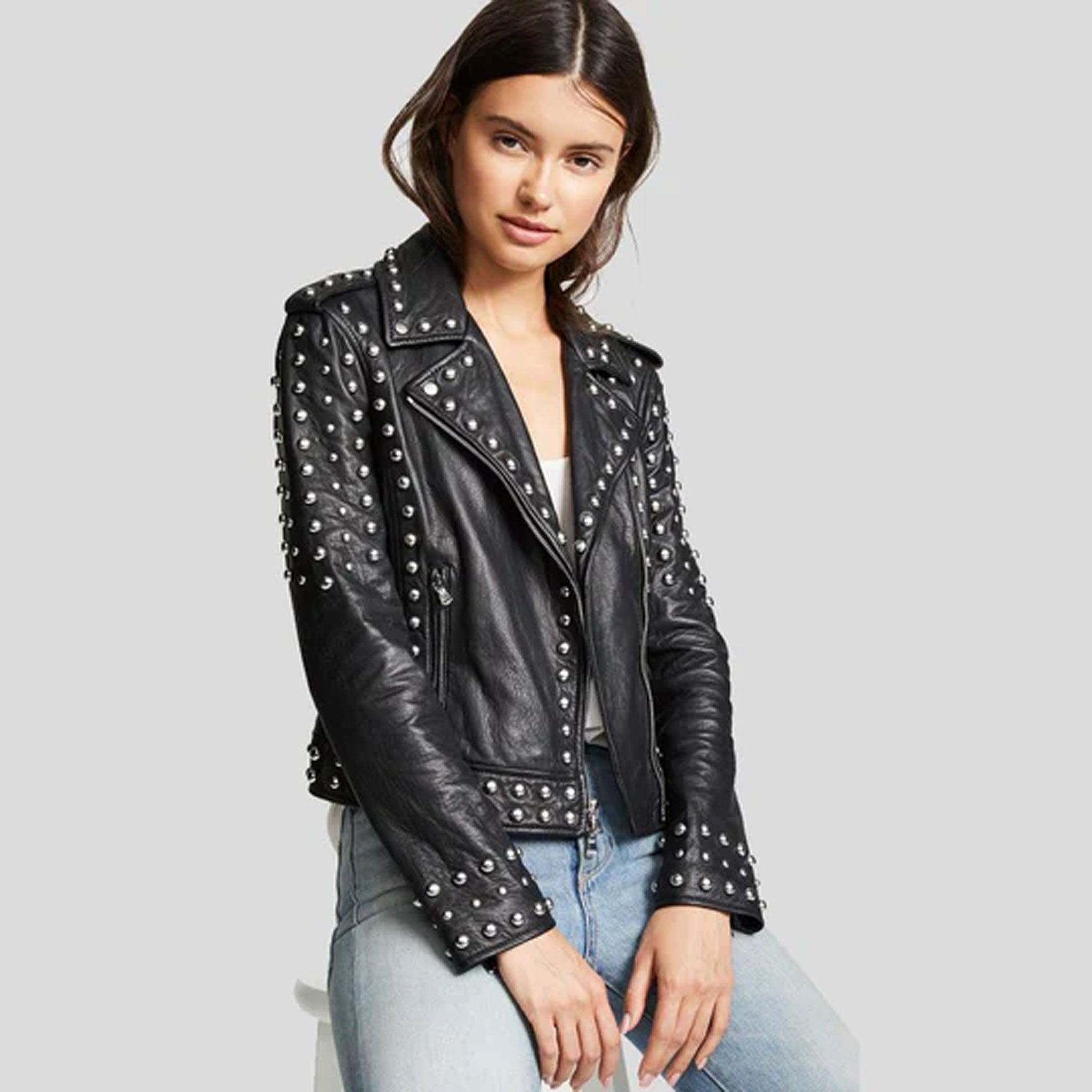 Nightrixa Black Studded Lambskin Leather Biker Jacket