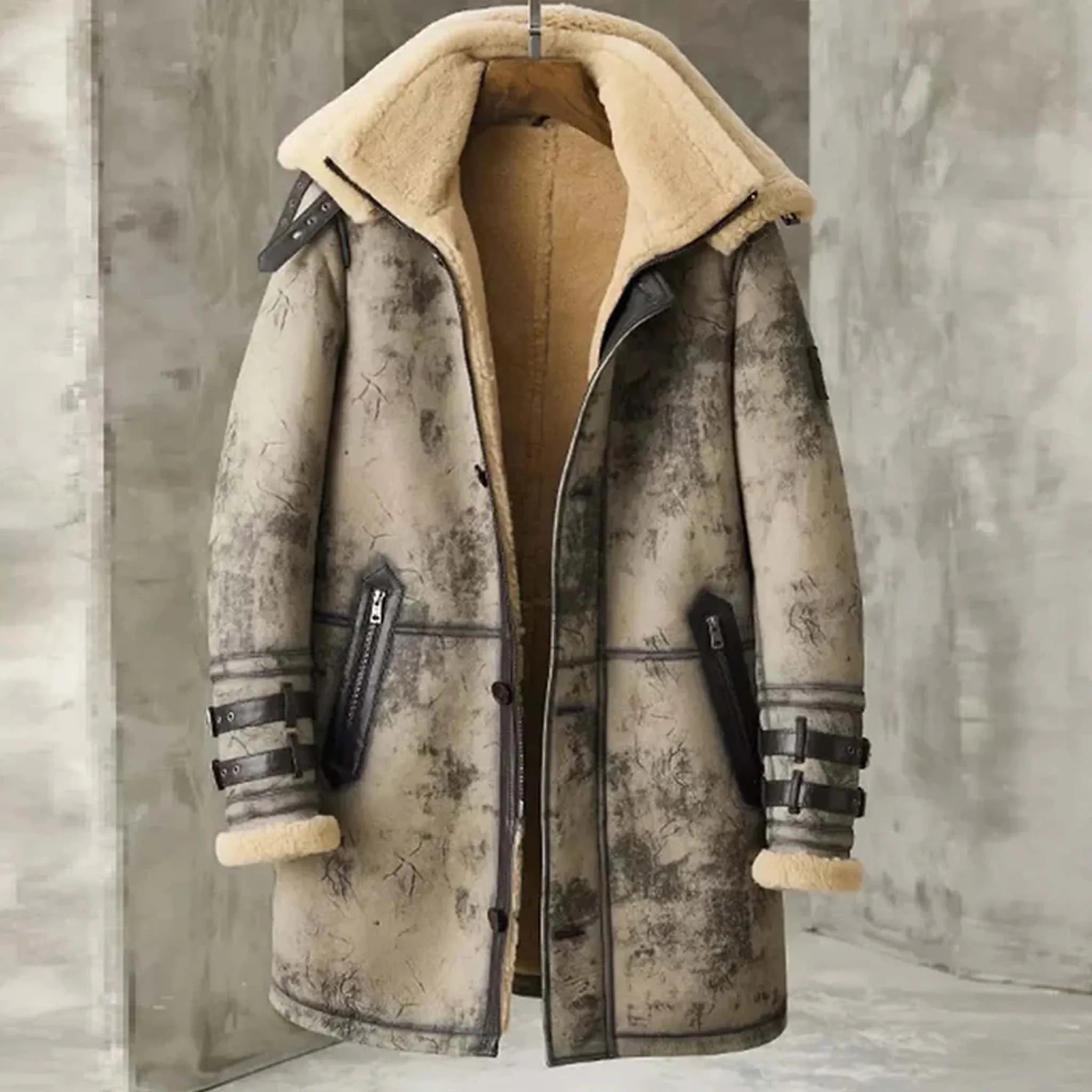Rebel Men’s Waxed B3 Shearling Long Coat - RAF Double-Collar Flying Jacket - leathergang.com