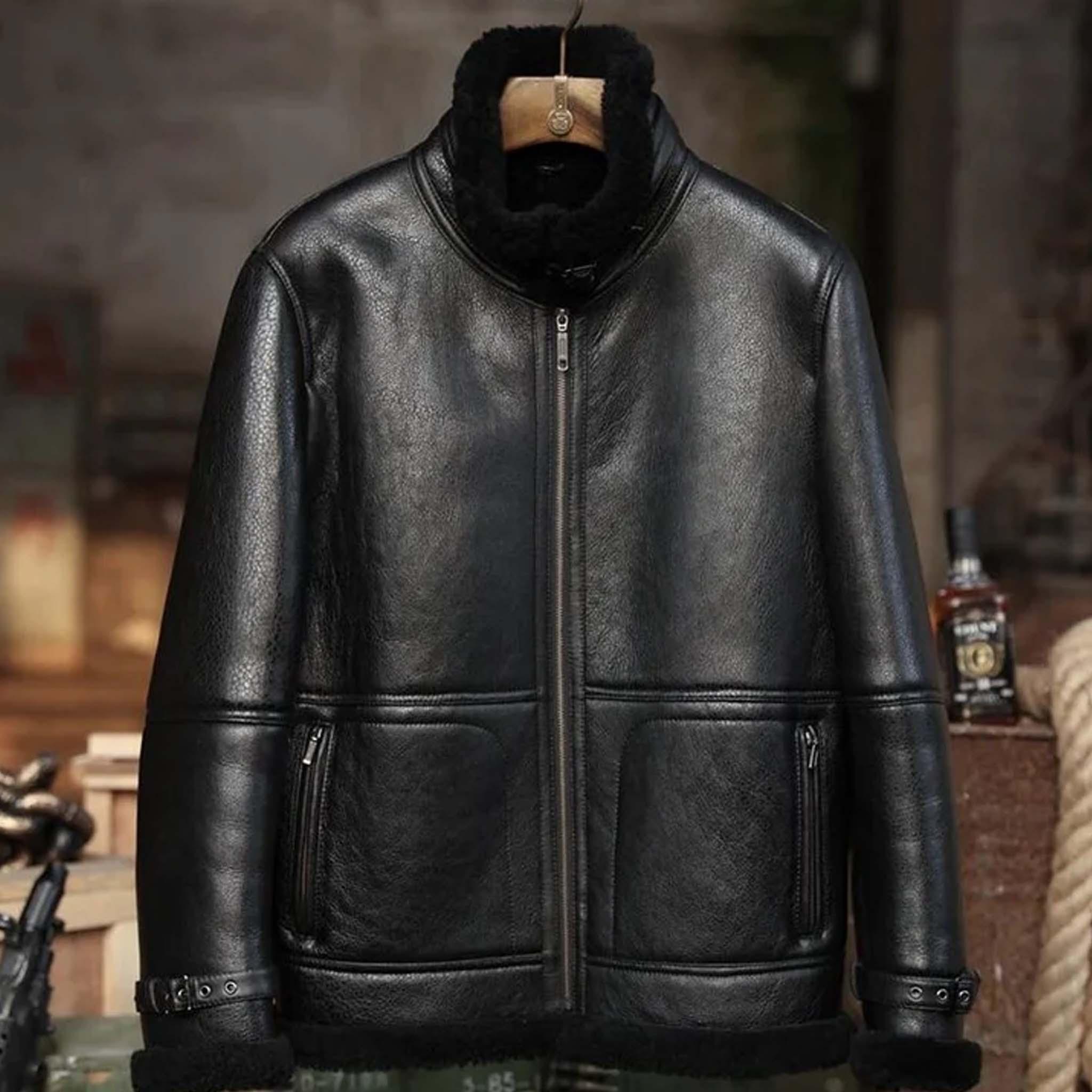 Luxor RAF Shearling Leather Classic Black Sheepskin B3 Aviator Jacket