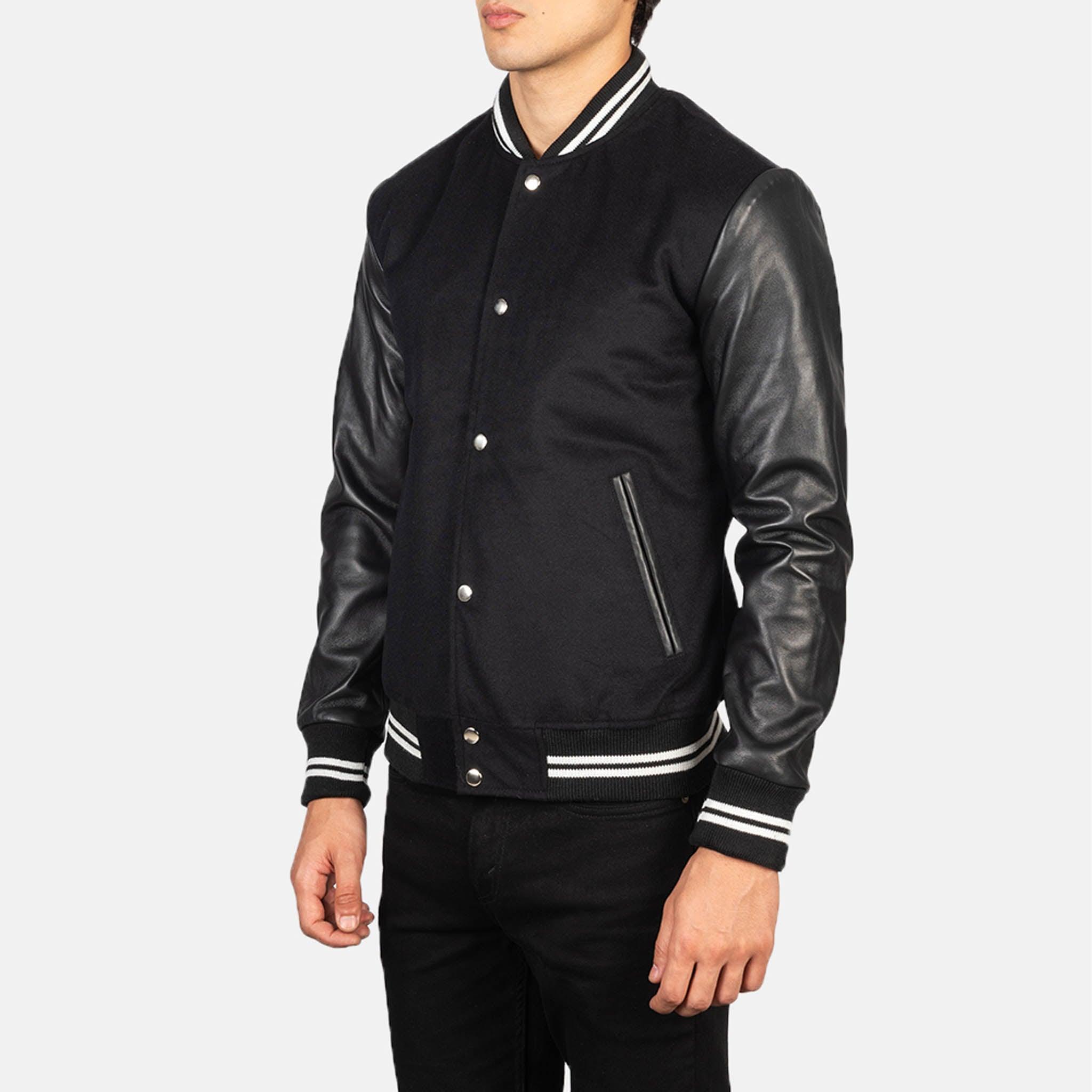 Baxton Varsity Jacket – Premium Black Wool & Leather Sleeves with Stripes - leathergang.com