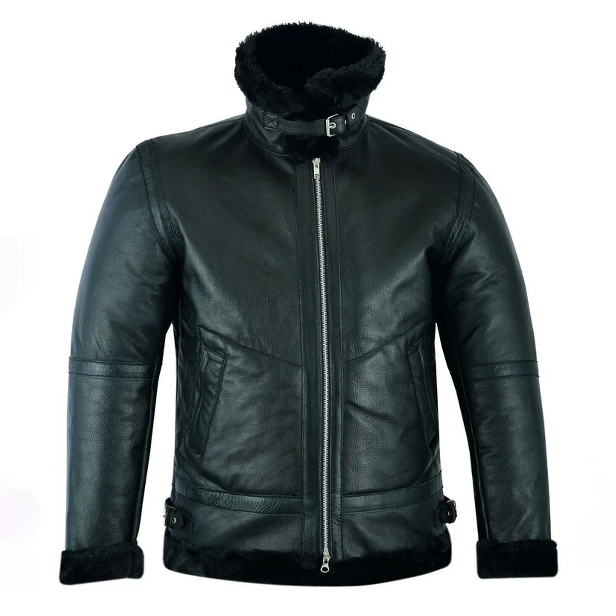Drenn B3 RAF Aviator Bomber Jacket - Black Shearling Real Sheepskin Leather Coat