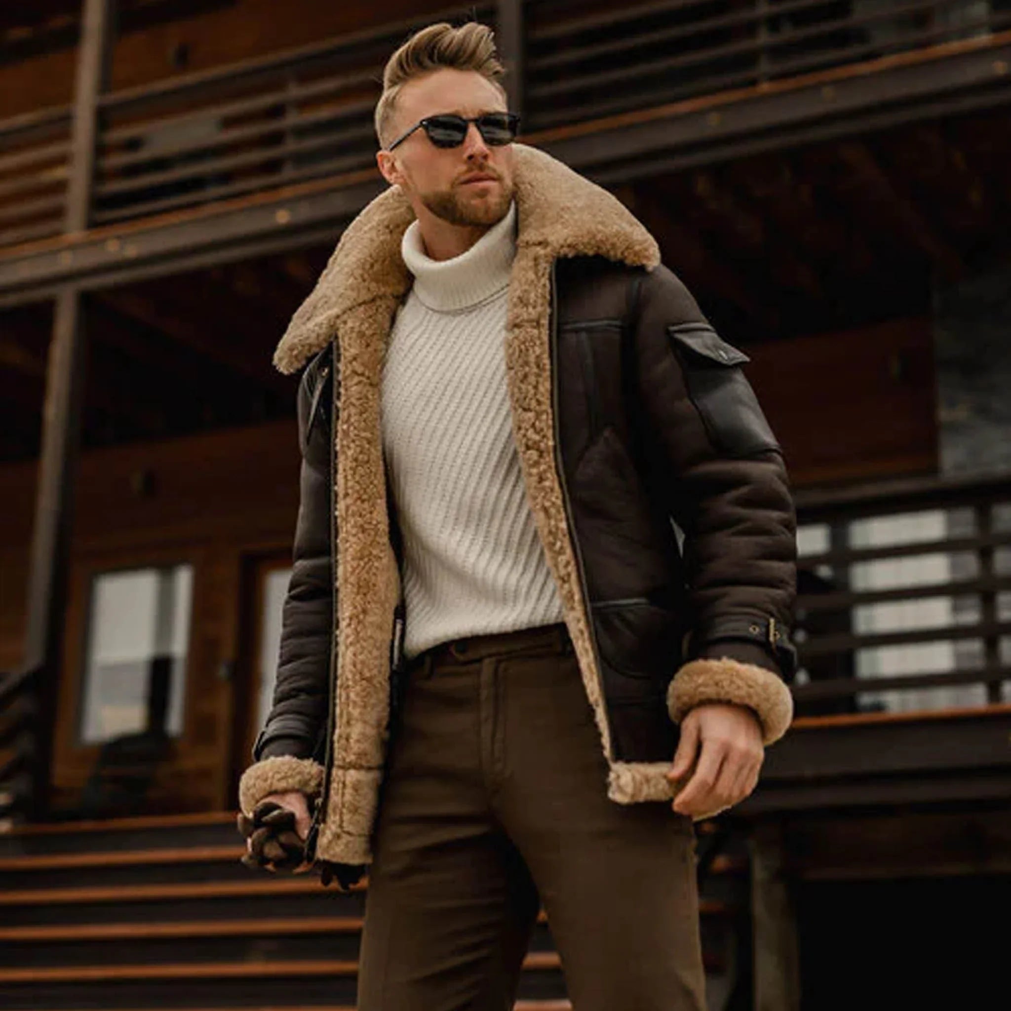 Men's B3 Shearling Aviator Long Coat - Brown Leather Flying Jacket
