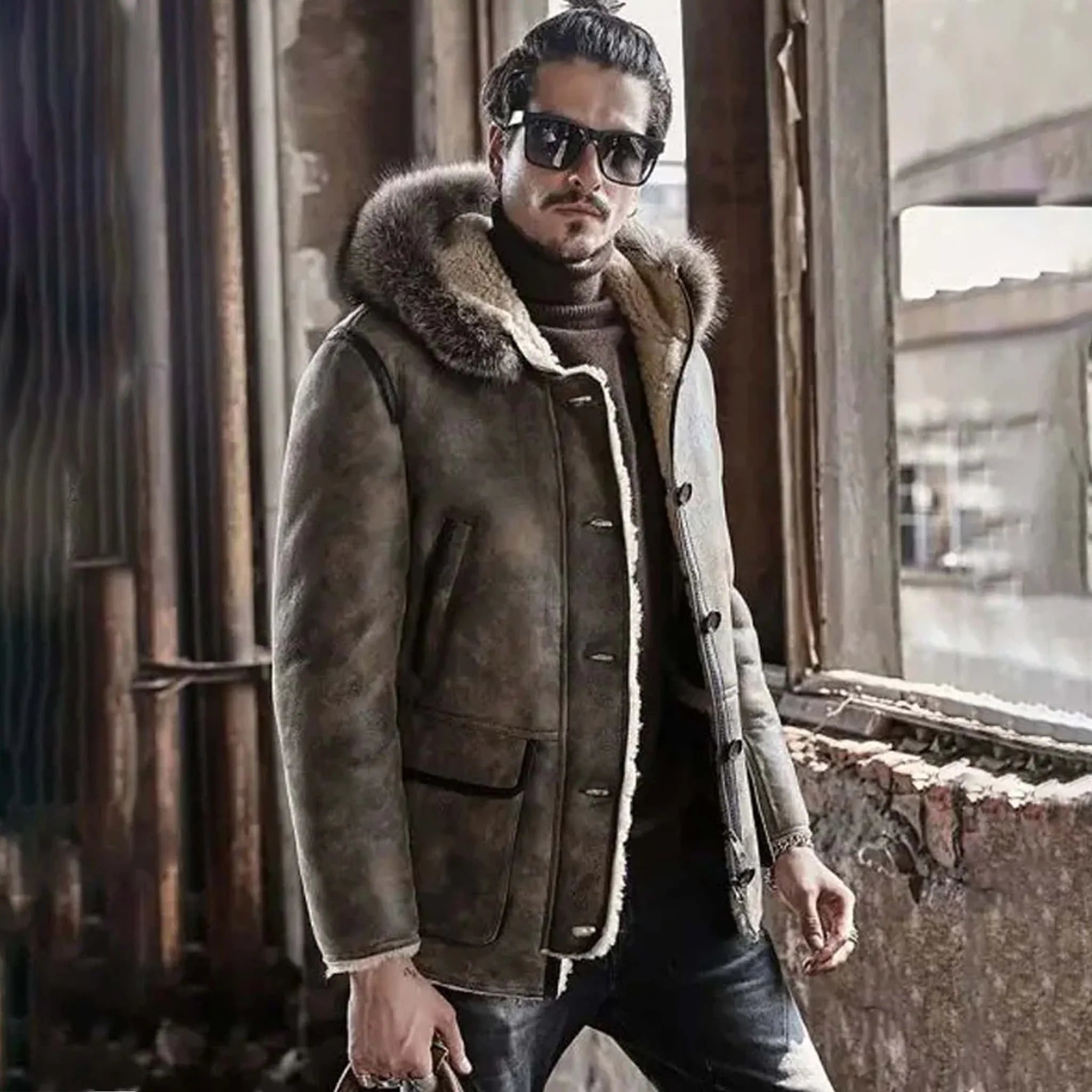 Steelix Men's Hooded Bomber Jacket - Shearling Lined Leather Coat