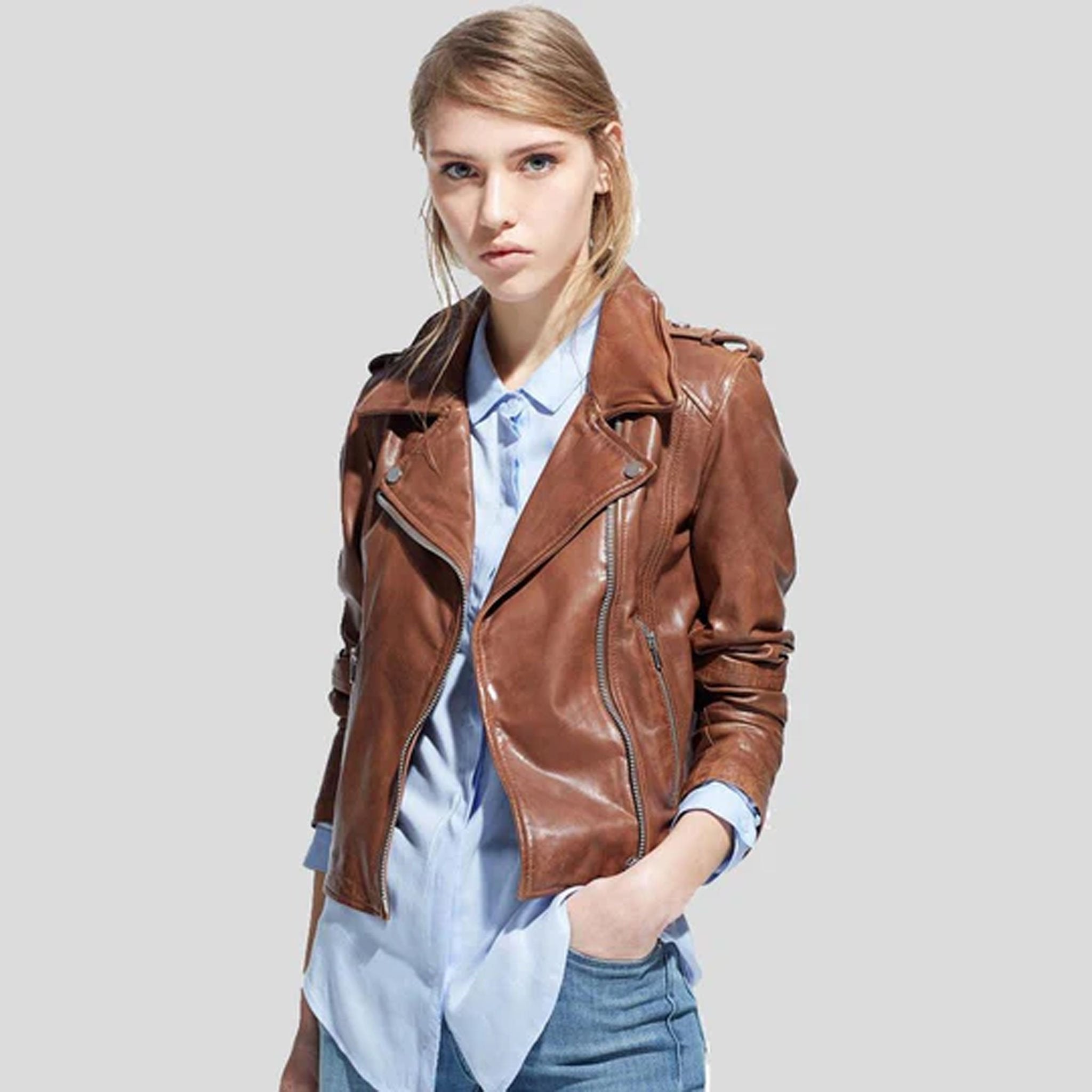 Bronterra Brown Lambskin Moto Jacket for Women