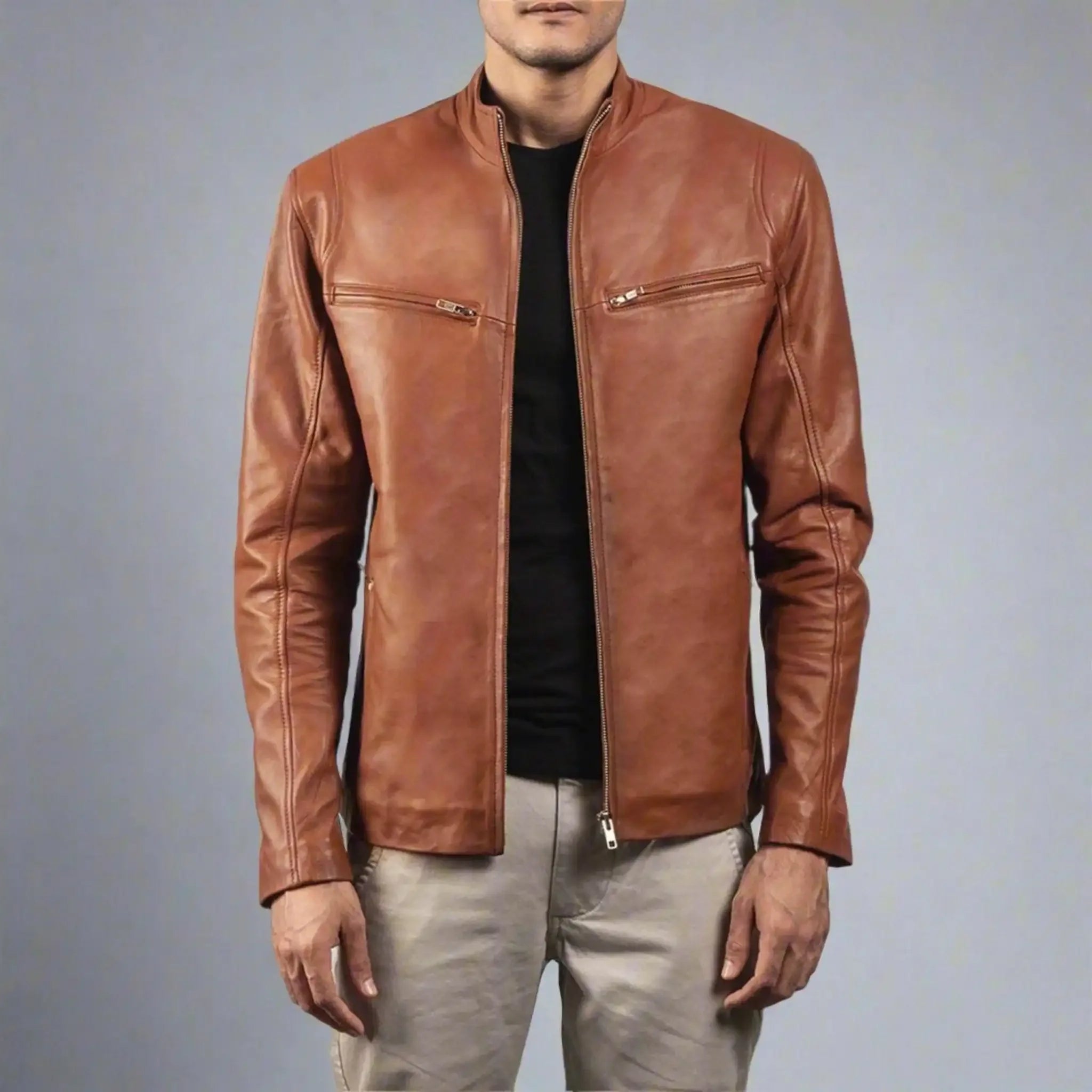 Elite Brown Leather Biker Jacket - Premium Motorcycle Style for Men