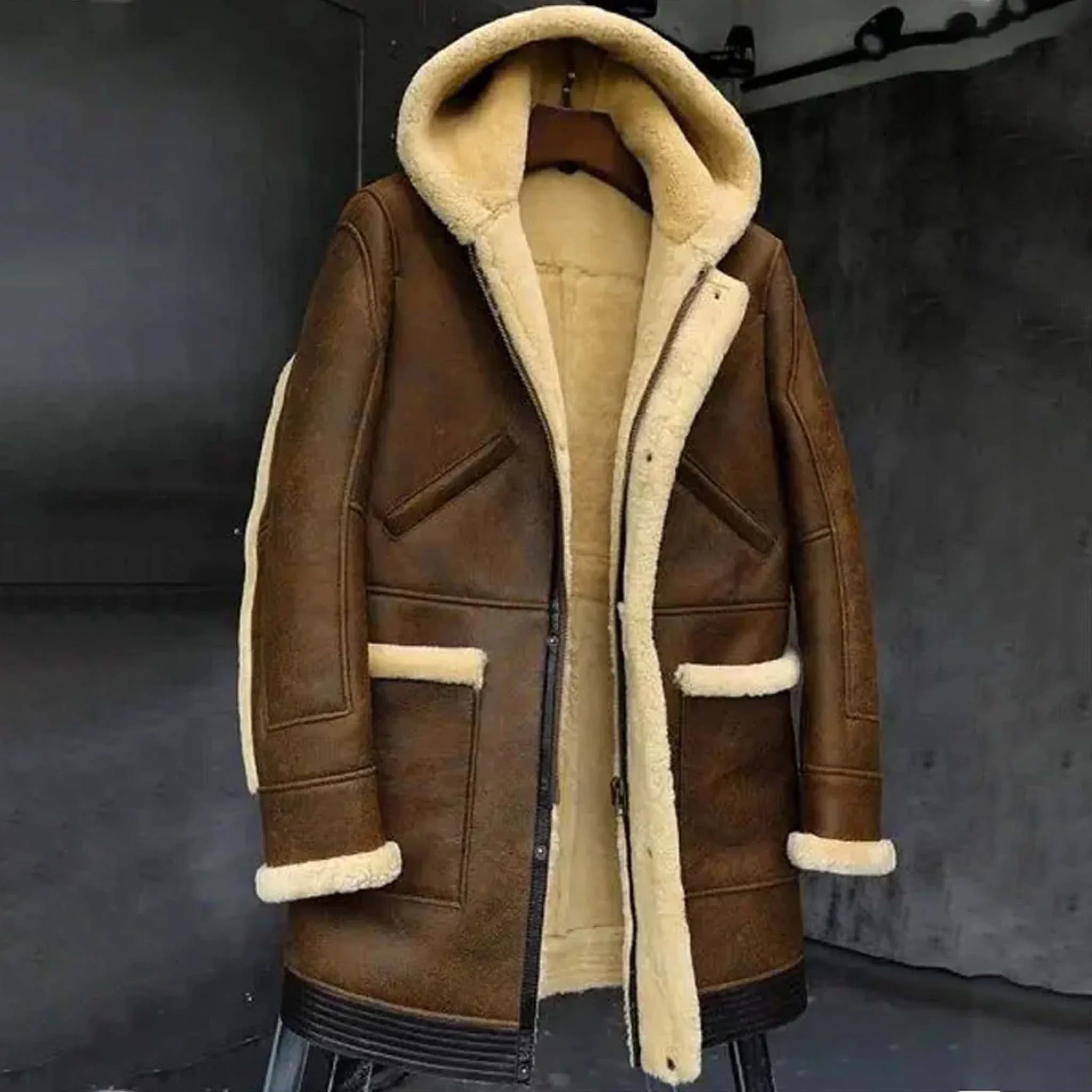 Ravix Hooded Shearling Coat - Men's Leather Bomber Jacket Style