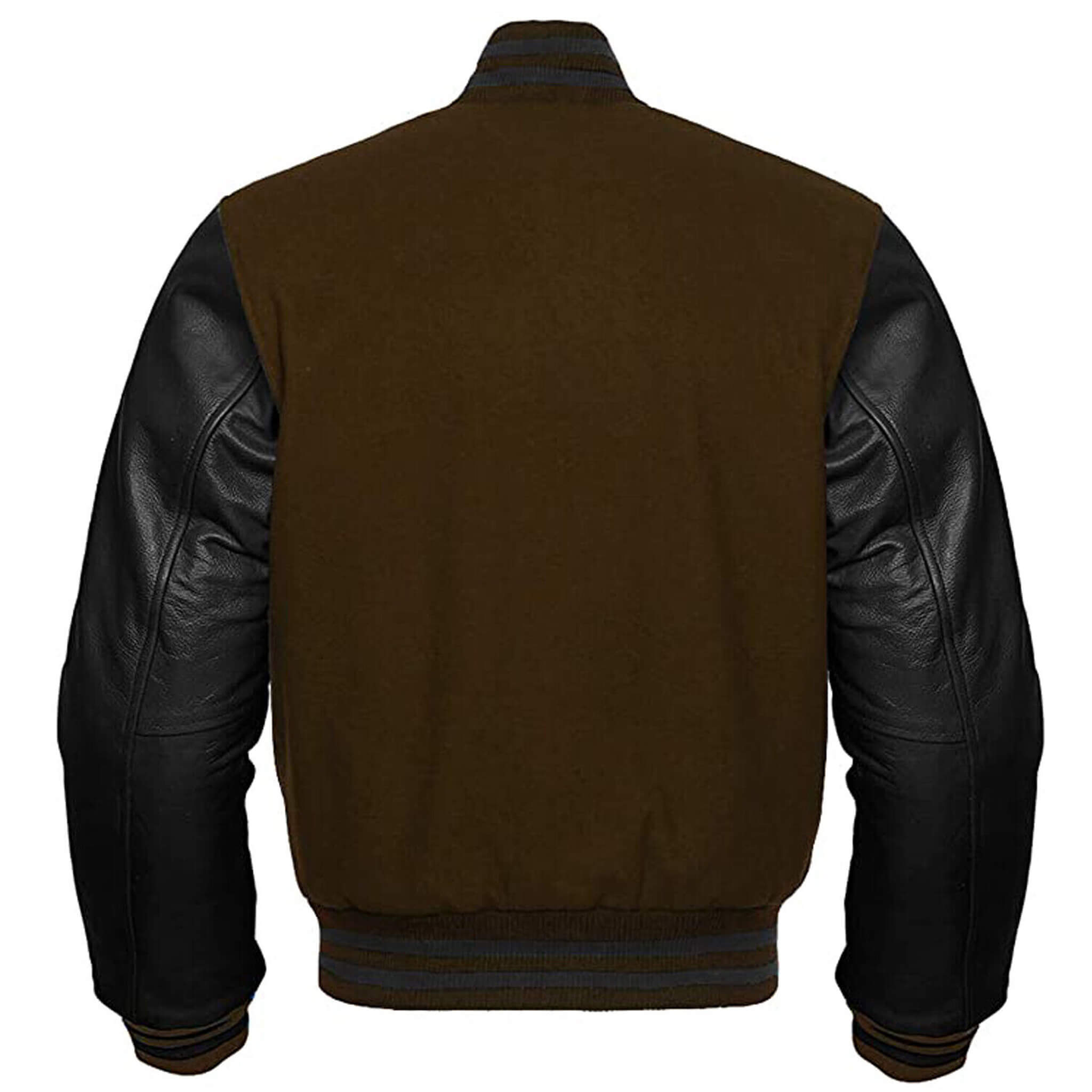Brown Wool Letterman Varsity Jacket with Black Leather Sleeves