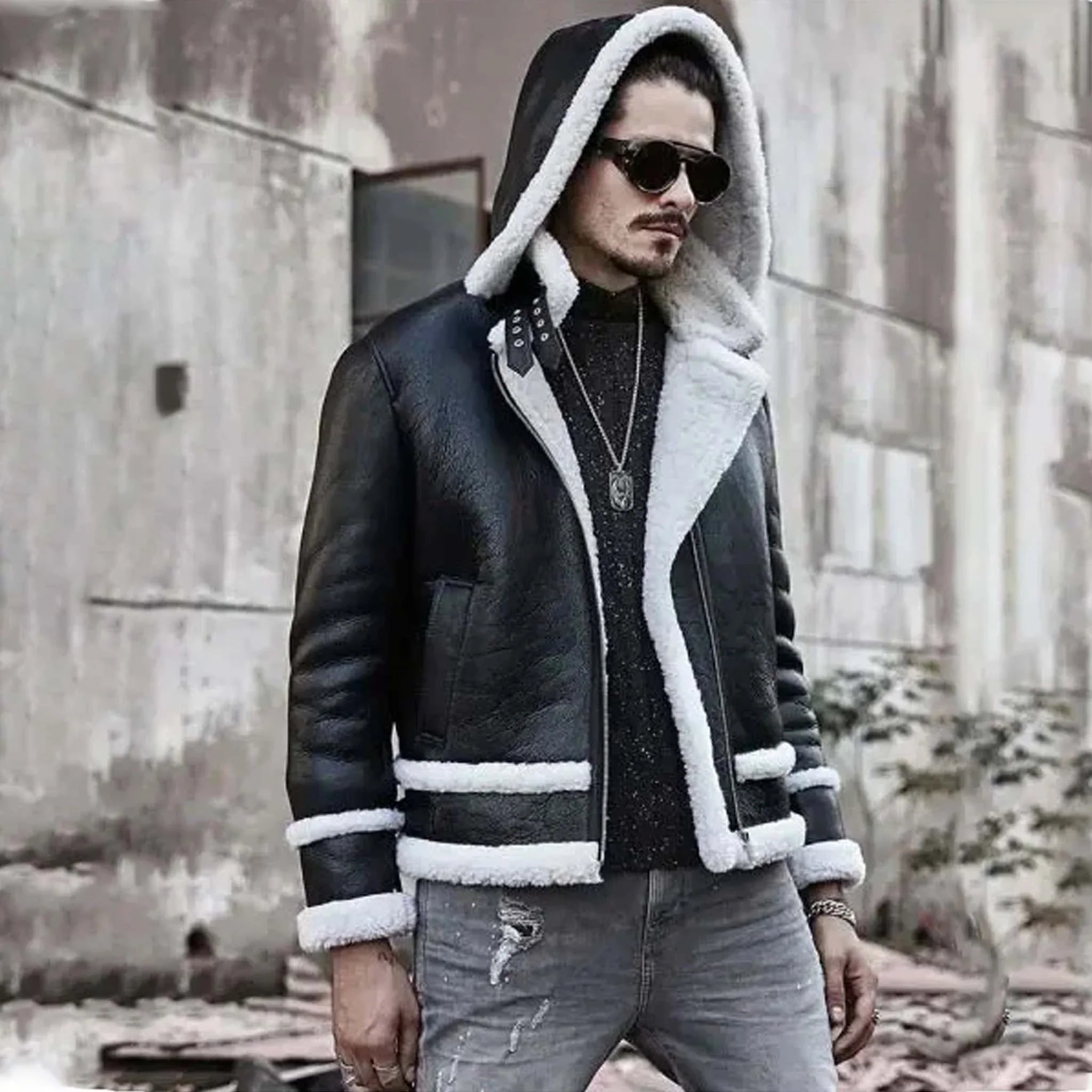 Silvra RAF B3 Bomber Jacket - Black Hooded Sheepskin Leather Short Coat