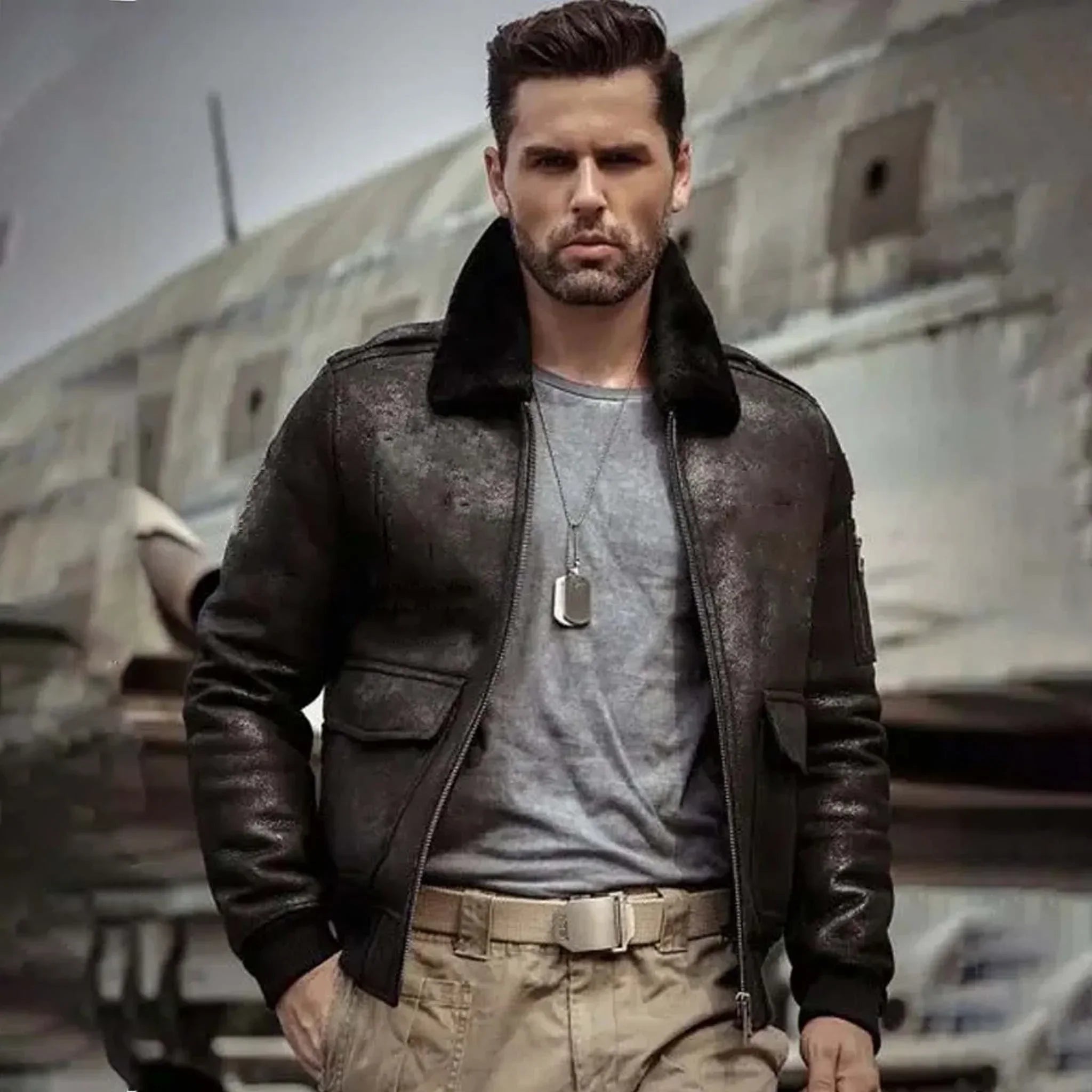 Noxor Distressed Black Jacket - Shearling-Lined Airforce Flight Coat for Men