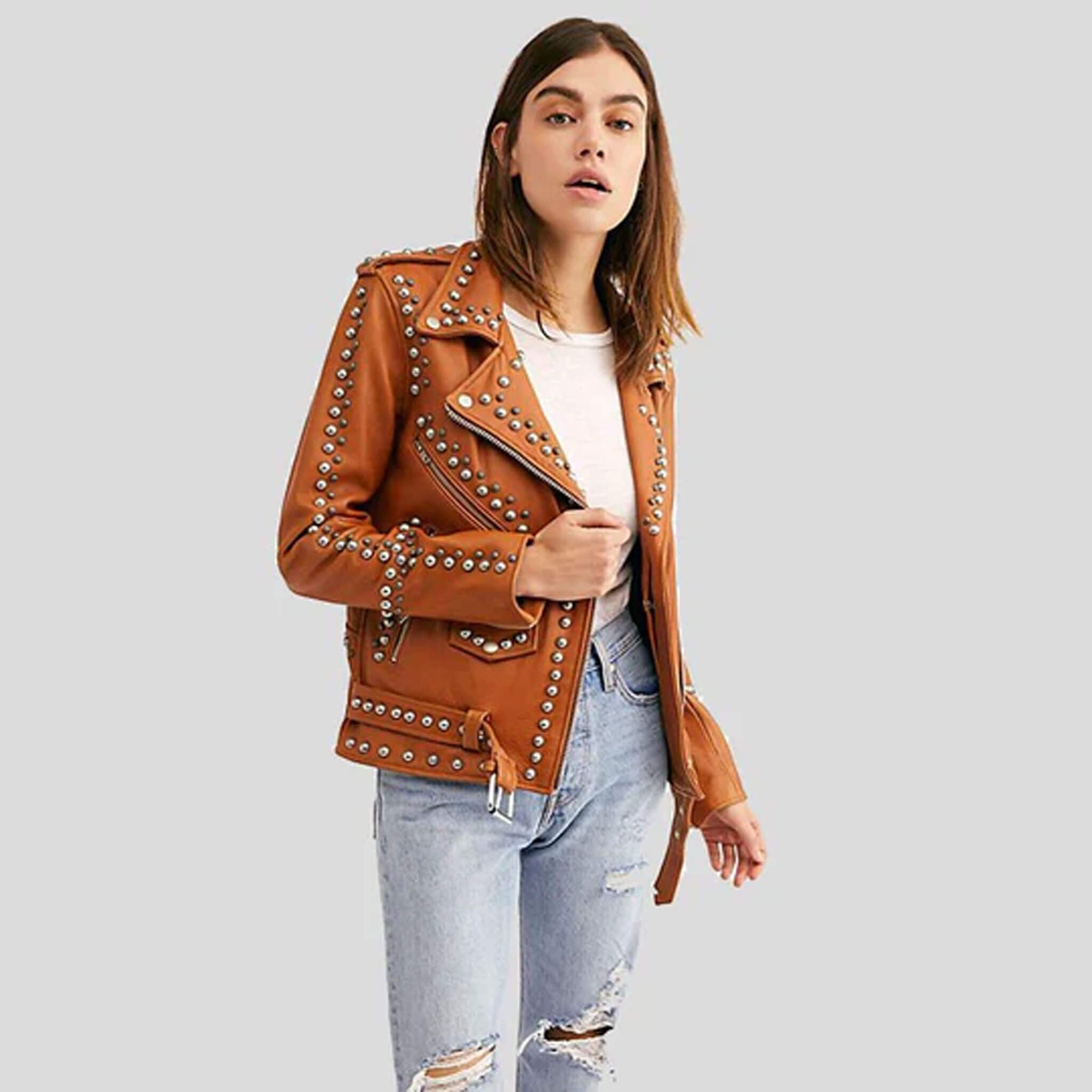 Luma Tan Studded Lambskin Leather Biker Jacket