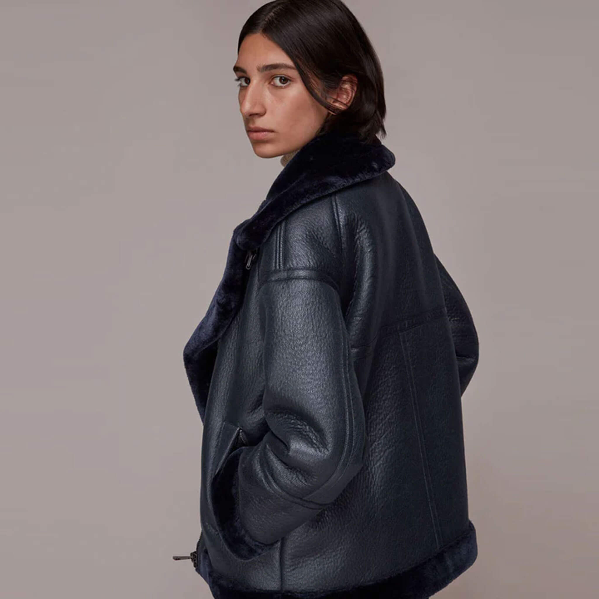 Elara Winter Biker Coat – Faux Fur Shearling Jacket
