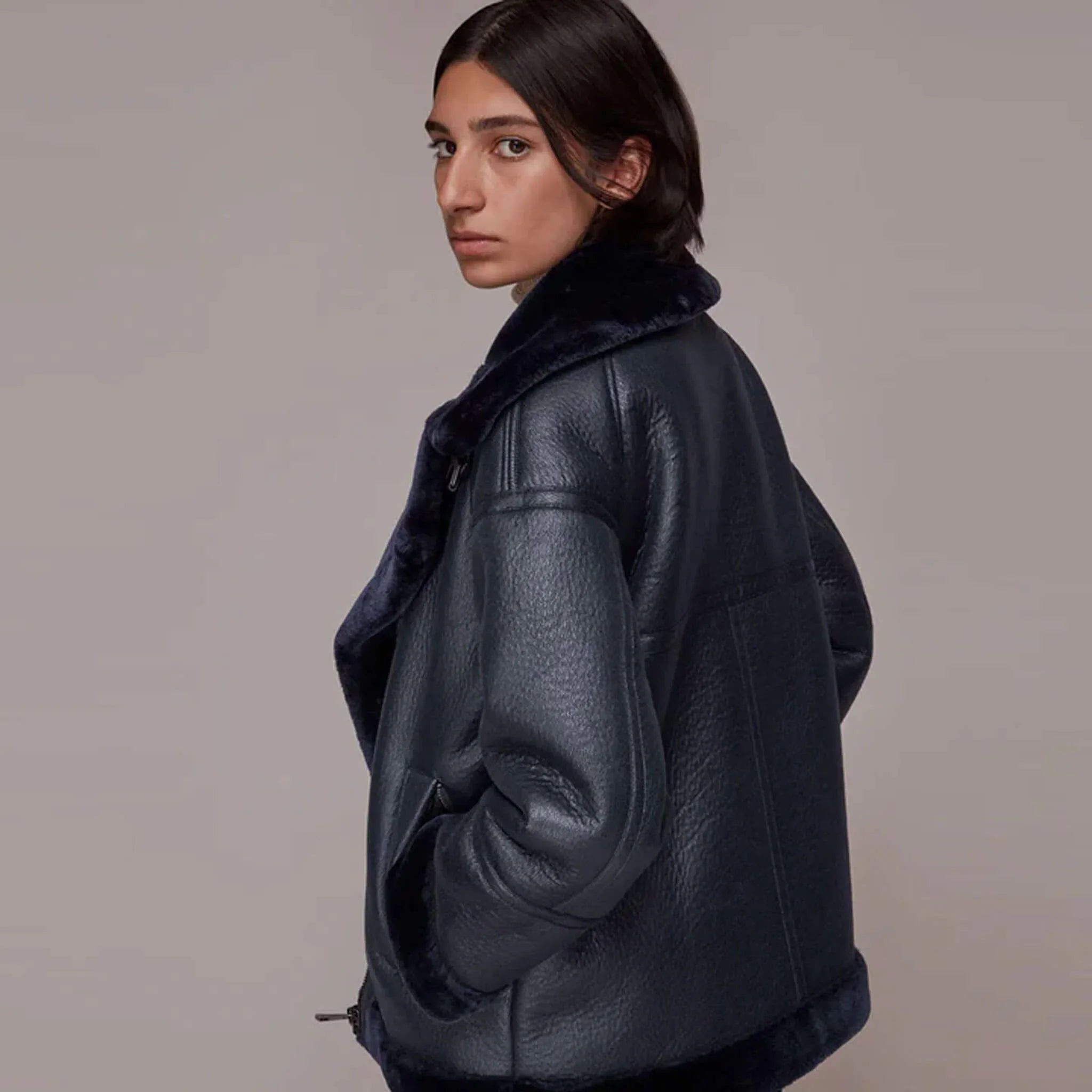 Elara Winter Biker Coat – Faux Fur Shearling Jacket