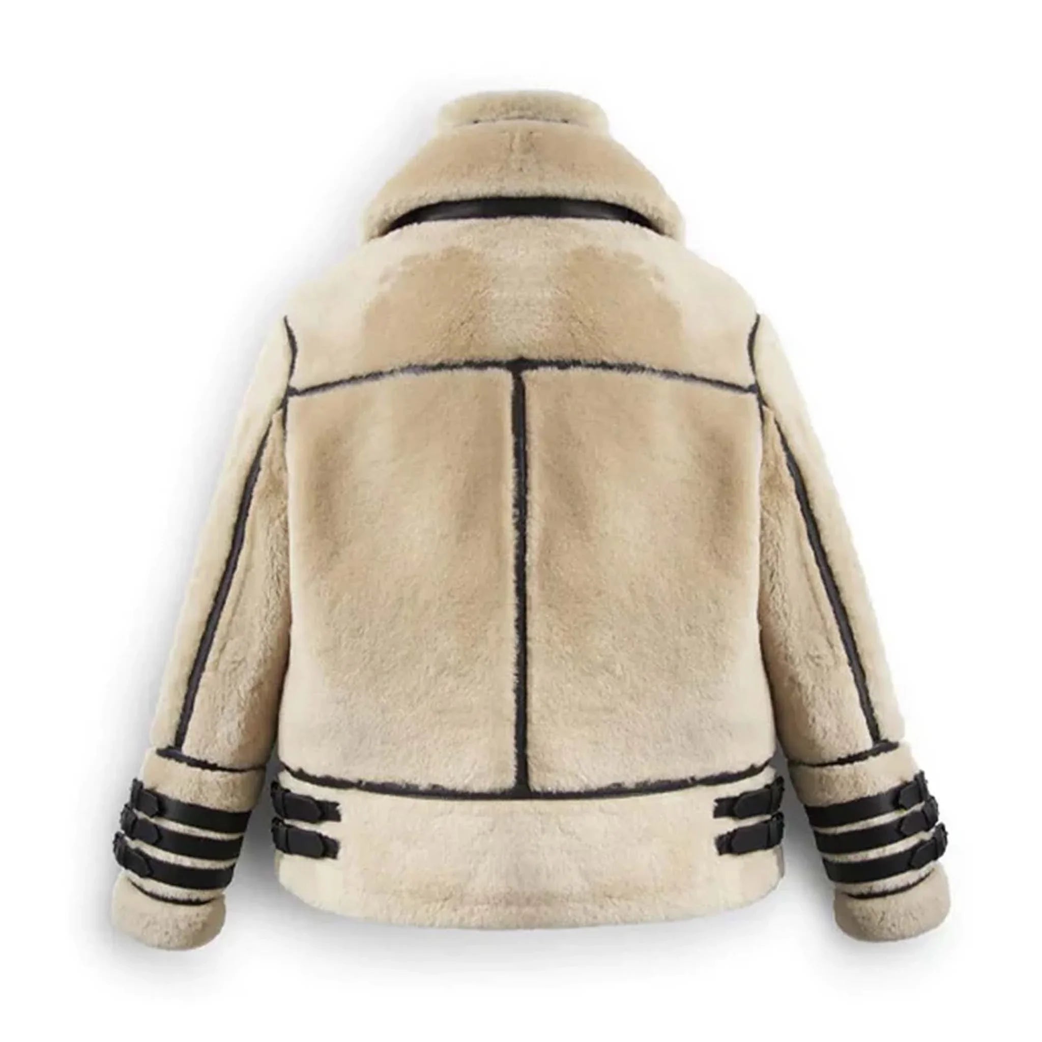 Velza Off White Shearling Jacket - Leather Design With Stylish Strips