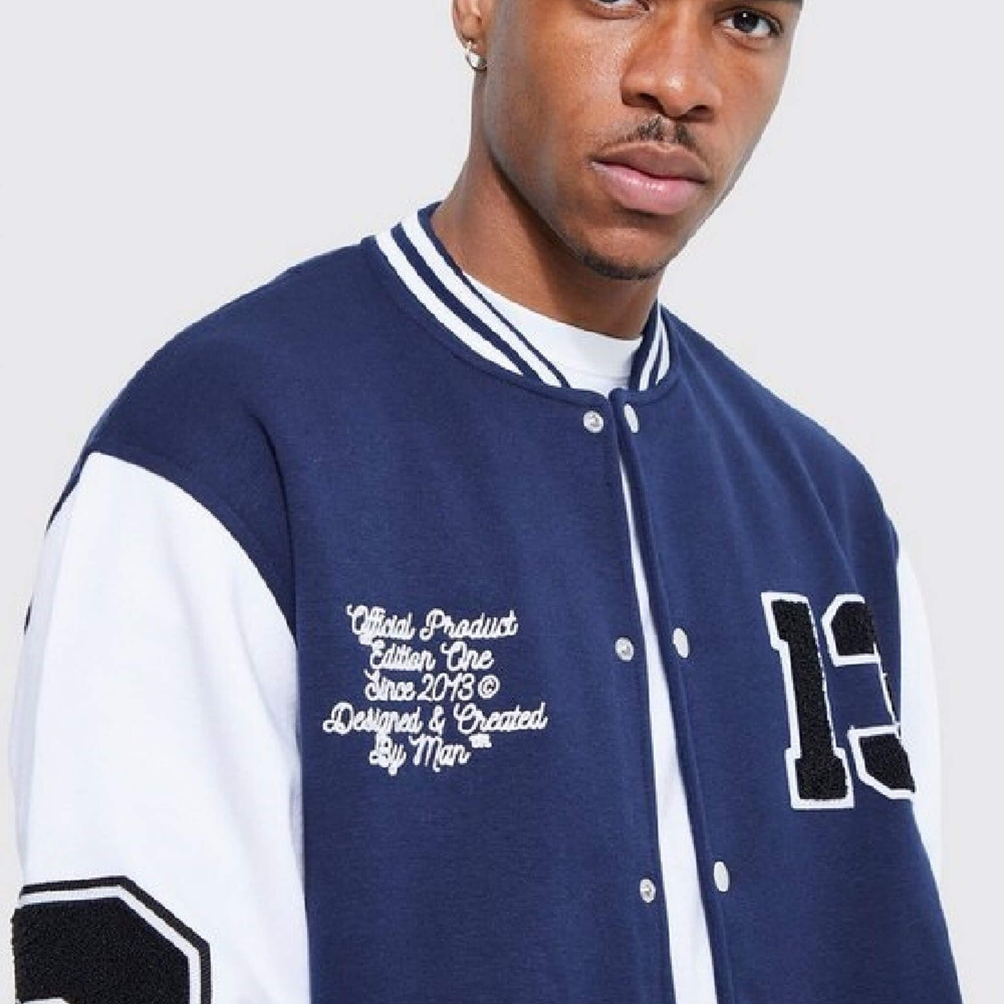 Unisex Navy Blue N13 Oversized Varsity Jacket – Classic Style