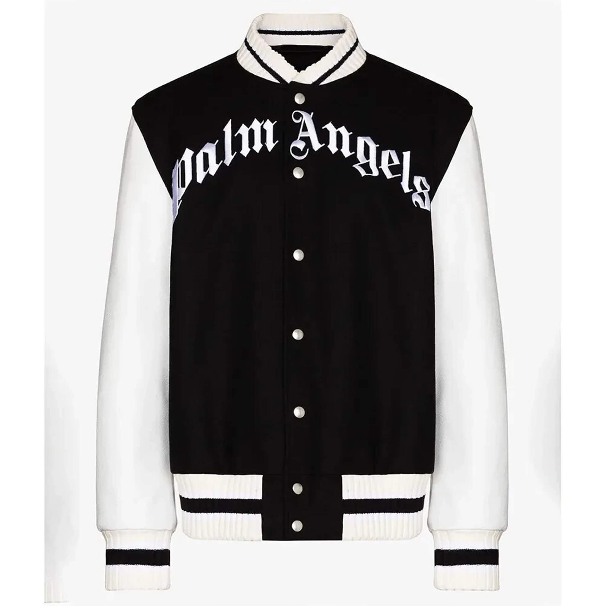 Palm Angels 50 Bear Varsity Jacket Black White Wool Blend