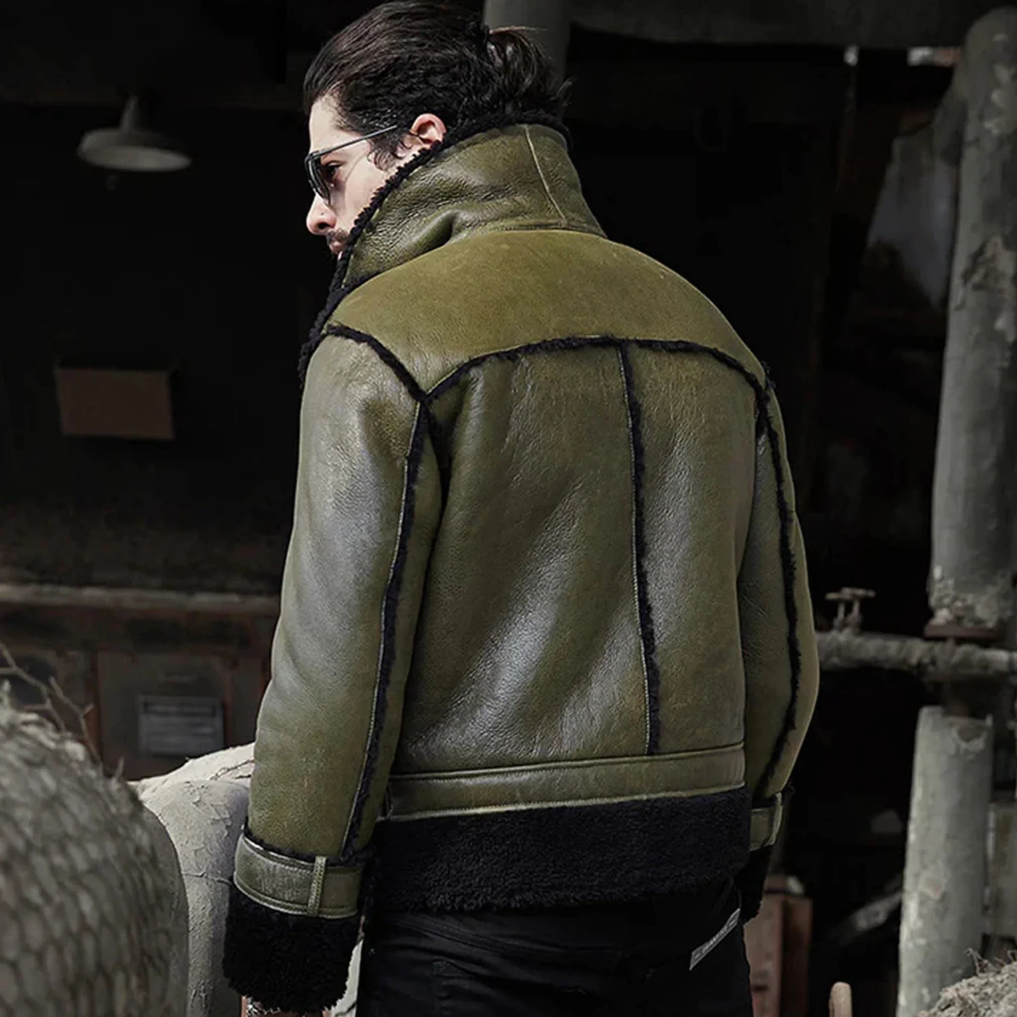 Men's RAF Pilot Flying Jacket - Green Sheepskin Shearling Aviator Leather Coat