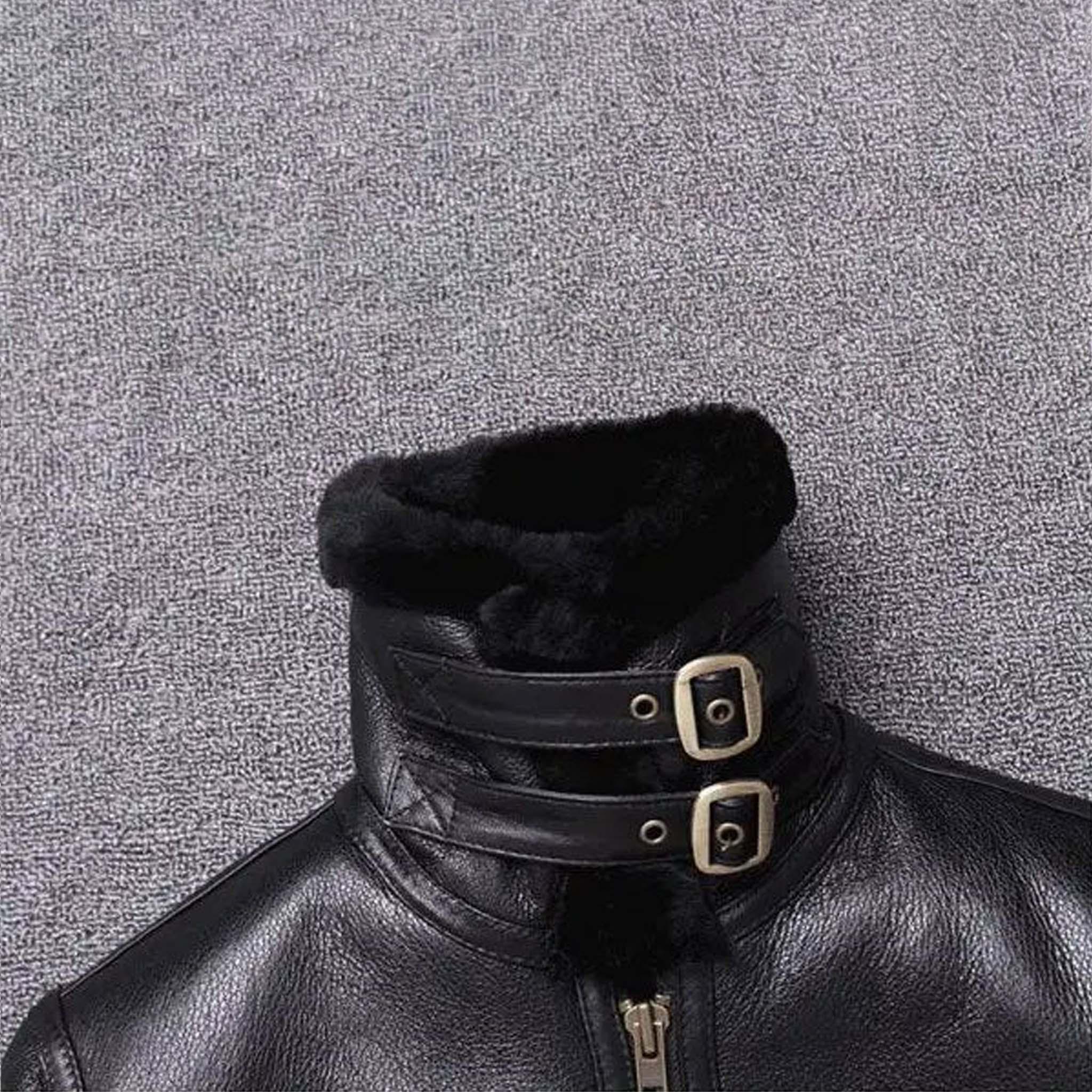 Veltrix Sheepskin Leather Motorcycle Jacket - Men's Winter Black Fur Coat