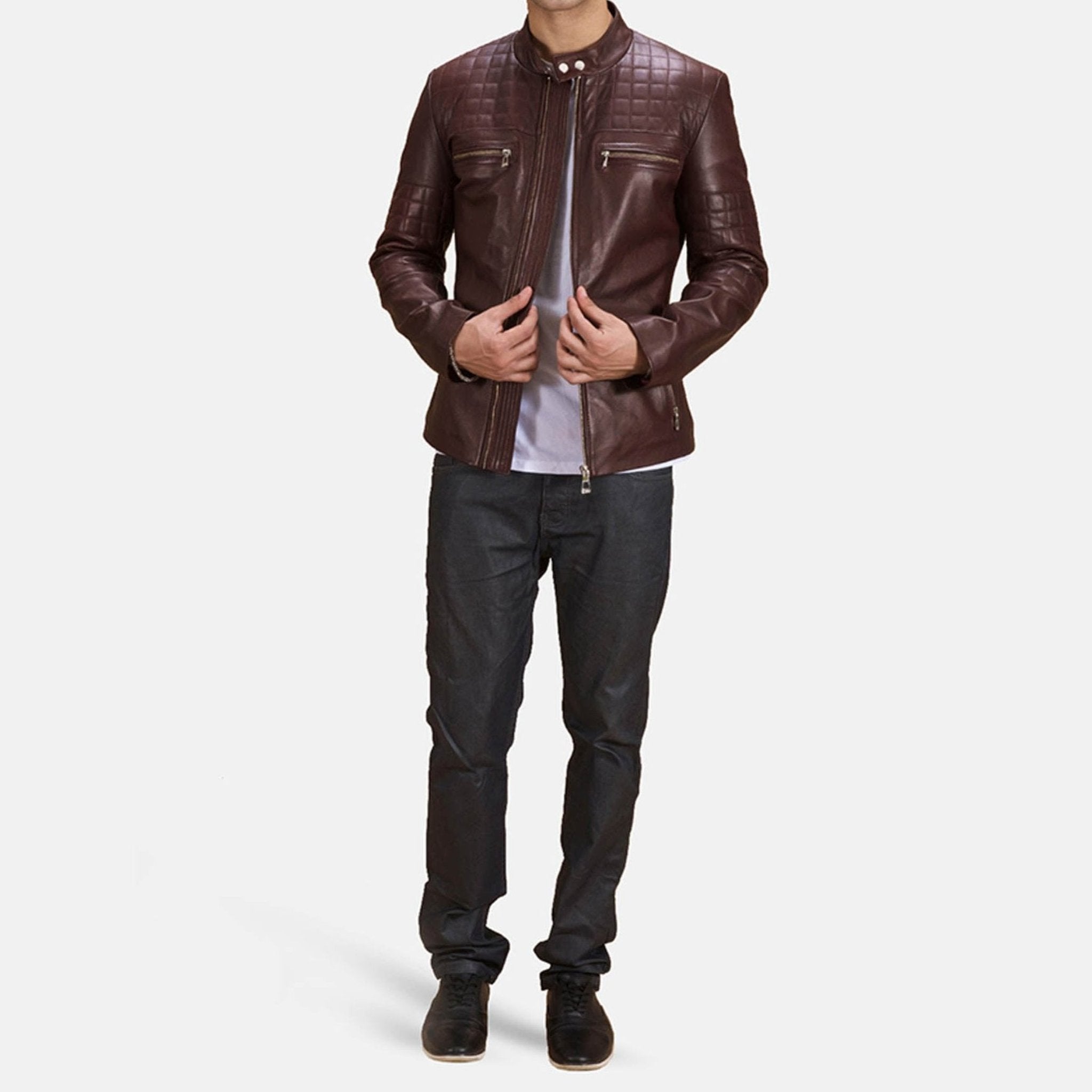 Urban Maroon Leather Biker Jacket – Rugged Quilted Design