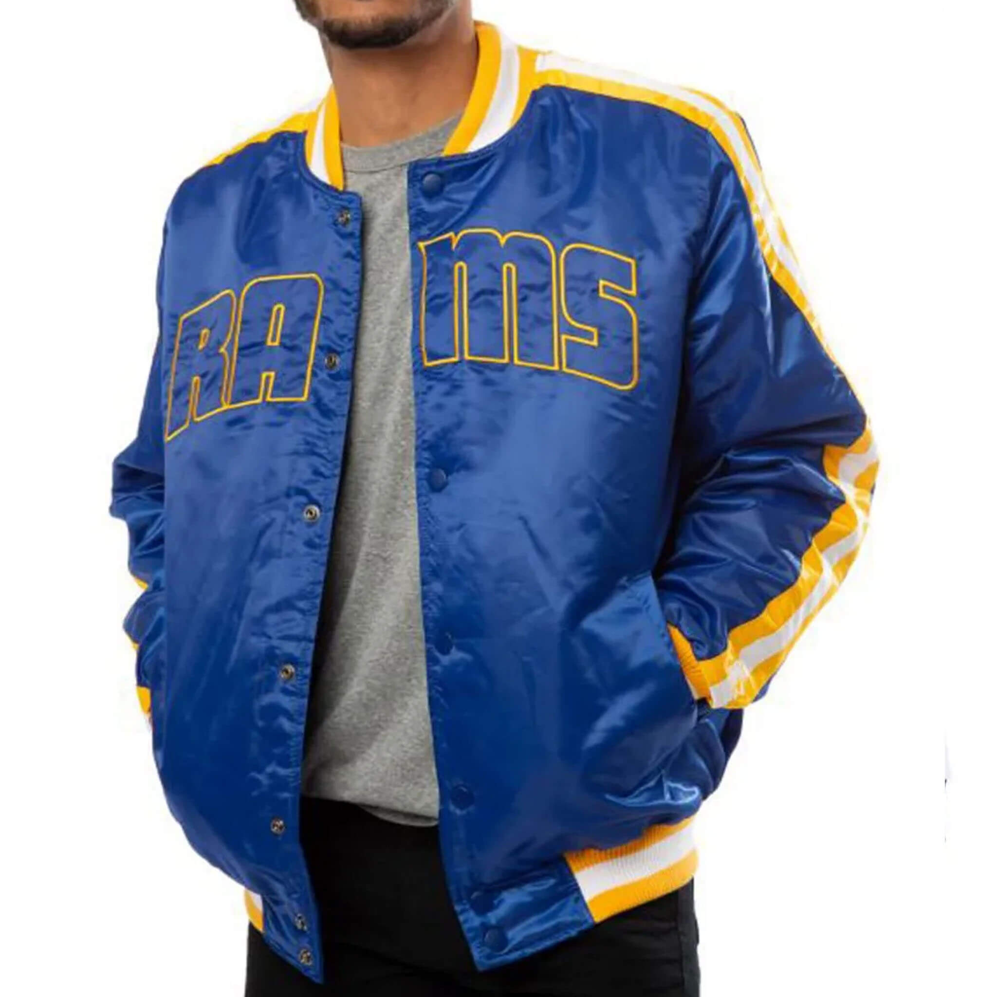 Rams LA Satin Varsity Jacket – Blue NFL Football Style