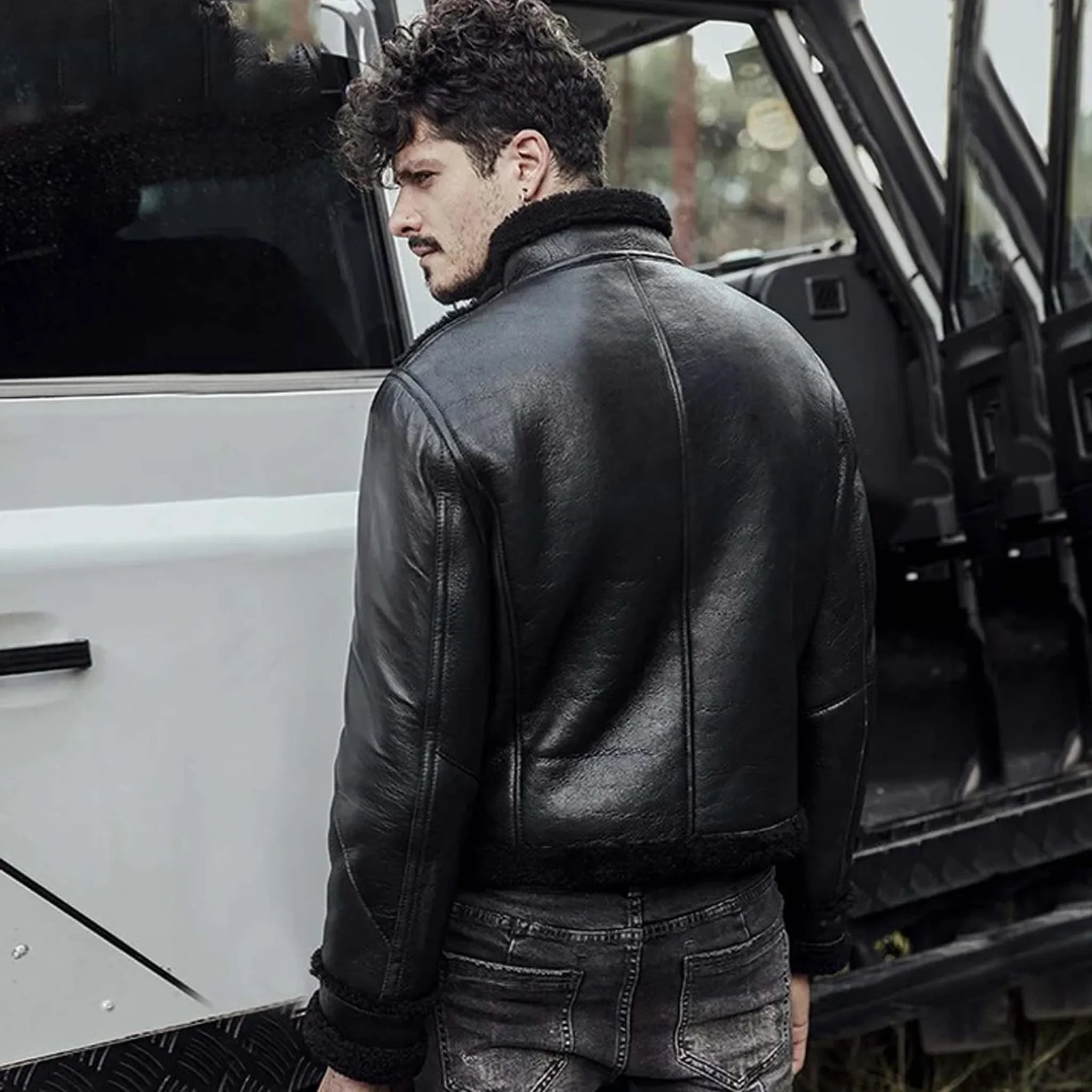 Men's Black RAF Sheepskin Motorcycle Jacket - B3 Aviator Shearling Jacket
