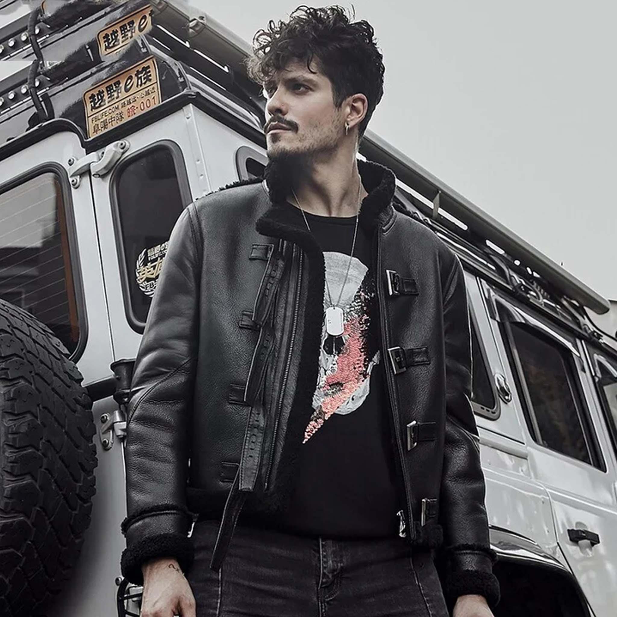 Men's Black RAF Sheepskin Motorcycle Jacket - B3 Aviator Shearling Jacket