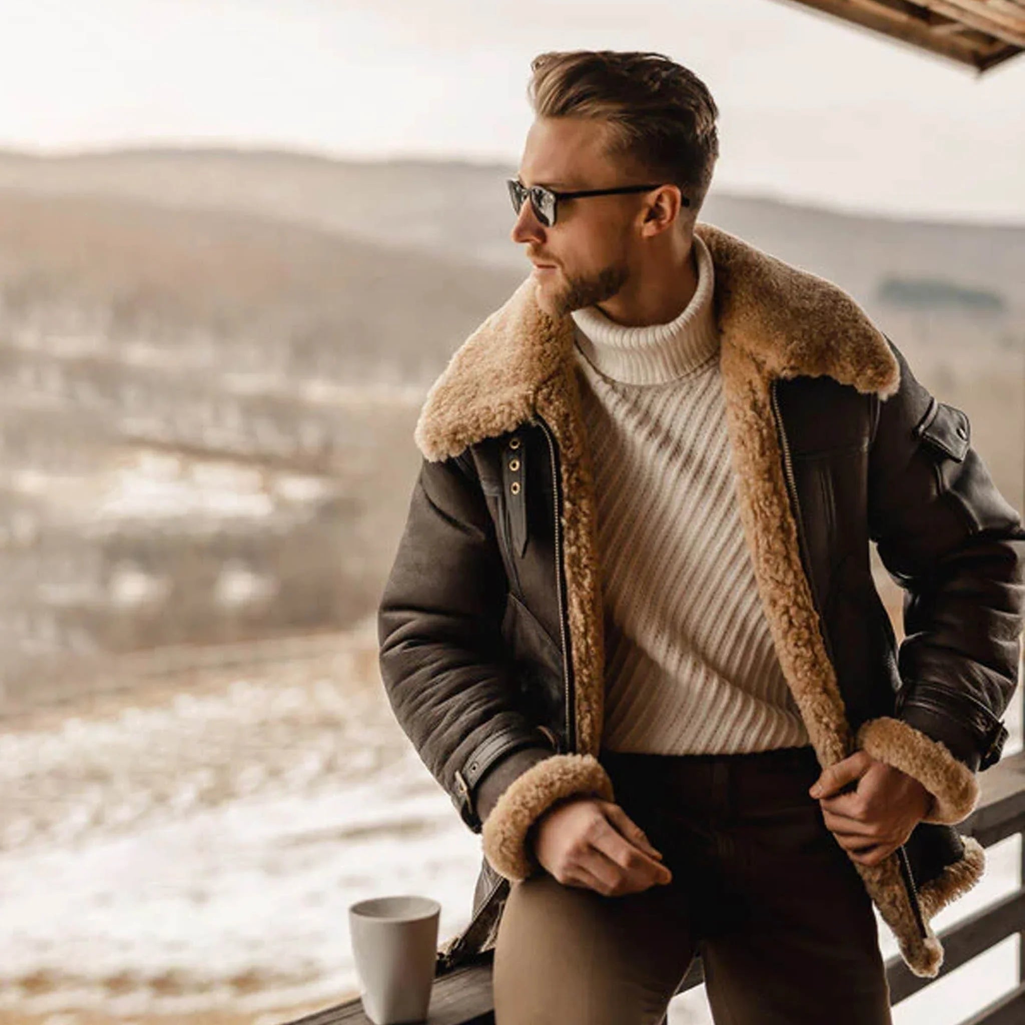 Men's B3 Shearling Aviator Long Coat - Brown Leather Flying Jacket