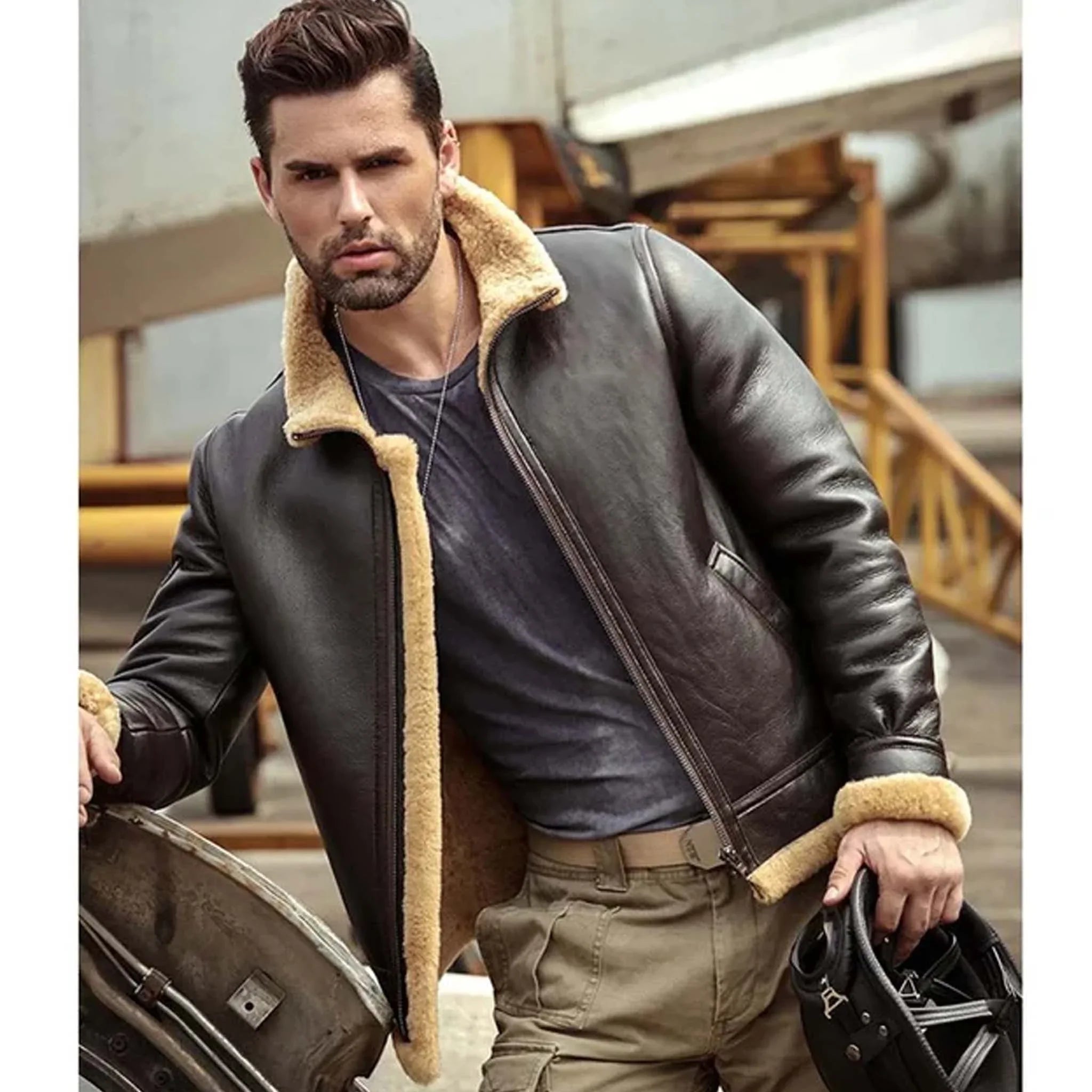 Shadow Brown RAF Aviator Shearling Jacket - Men's Airforce Style Leather Jacket
