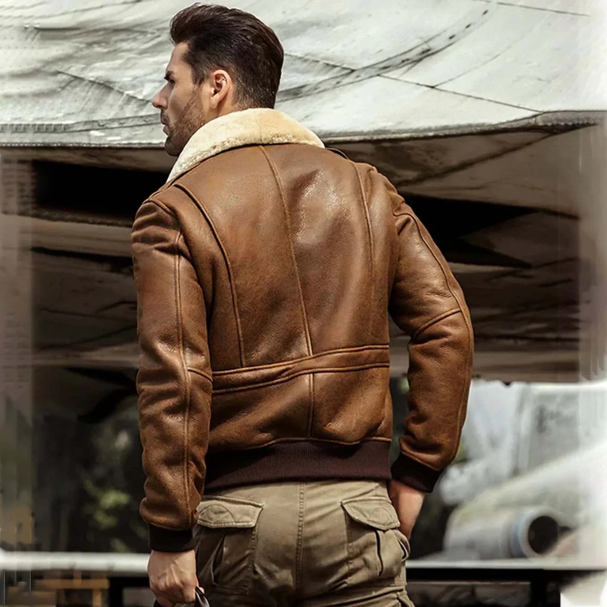 Nightr Men’s B3 Shearling Leather Jacket - Brown Airforce Aviator Bomber Style