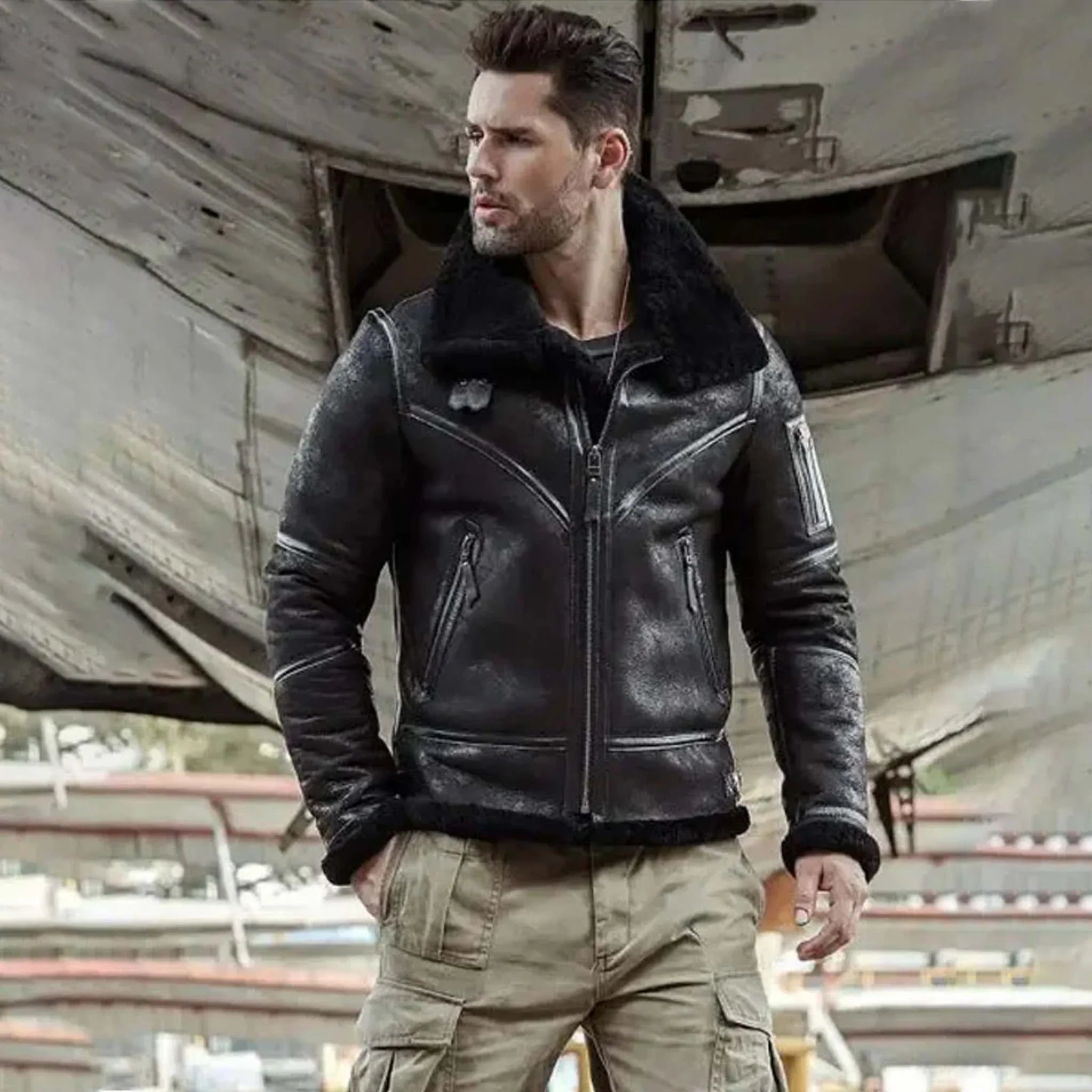 Roguez B3 RAF Fur Bomber Jacket - Premium Leather Aviator Winter Coat