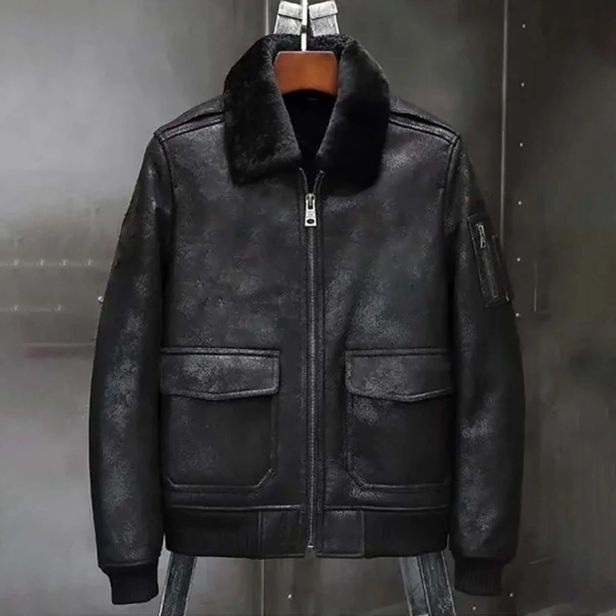 Noxor Distressed Black Jacket - Shearling-Lined Airforce Flight Coat for Men