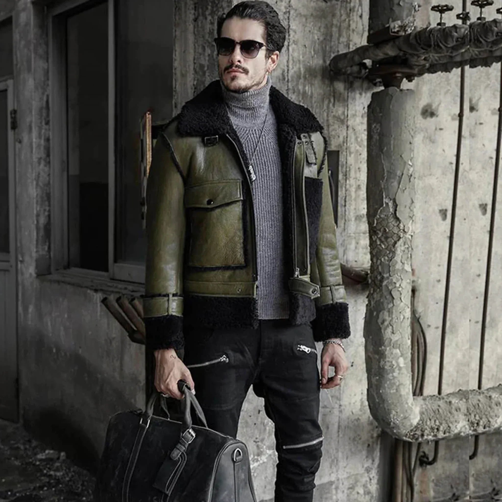 Men's RAF Pilot Flying Jacket - Green Sheepskin Shearling Aviator Leather Coat