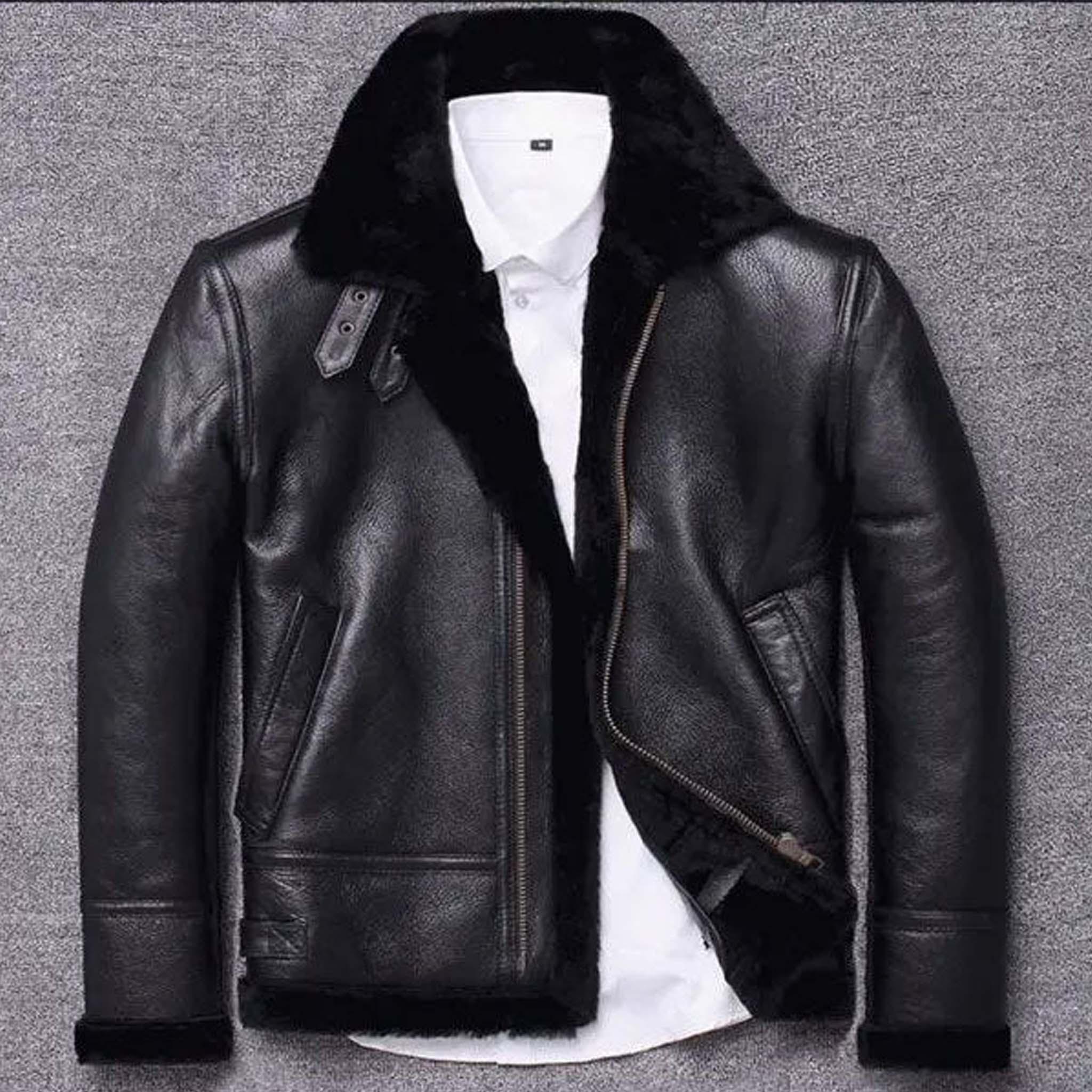 Veltrix Sheepskin Leather Motorcycle Jacket - Men's Winter Black Fur Coat