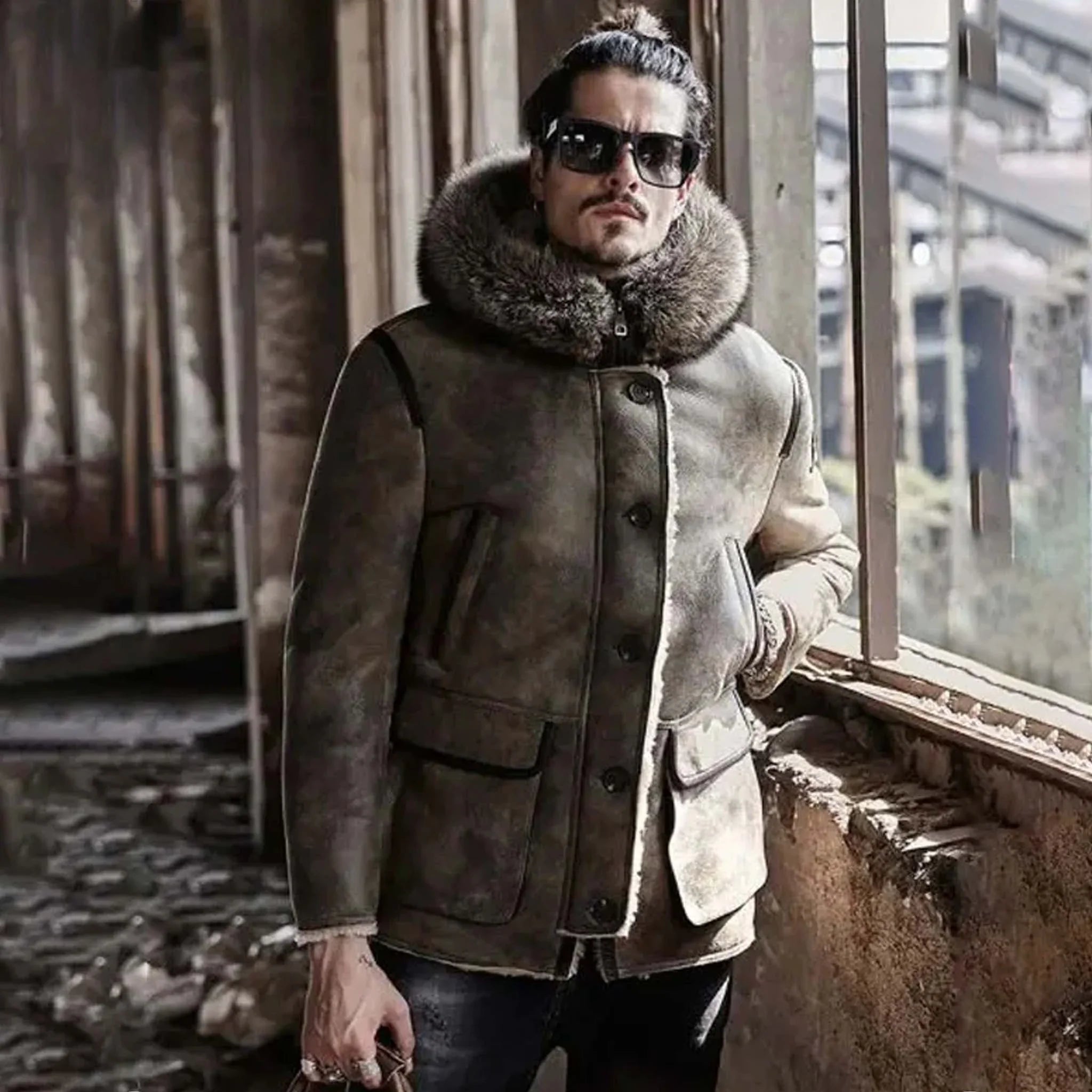 Steelix Men's Hooded Bomber Jacket - Shearling Lined Leather Coat