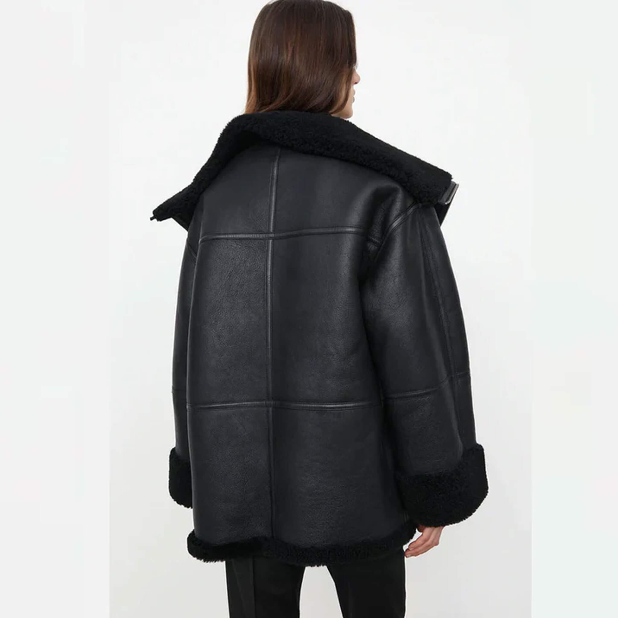 Black Shearling Aviator Biker Jacket for Women