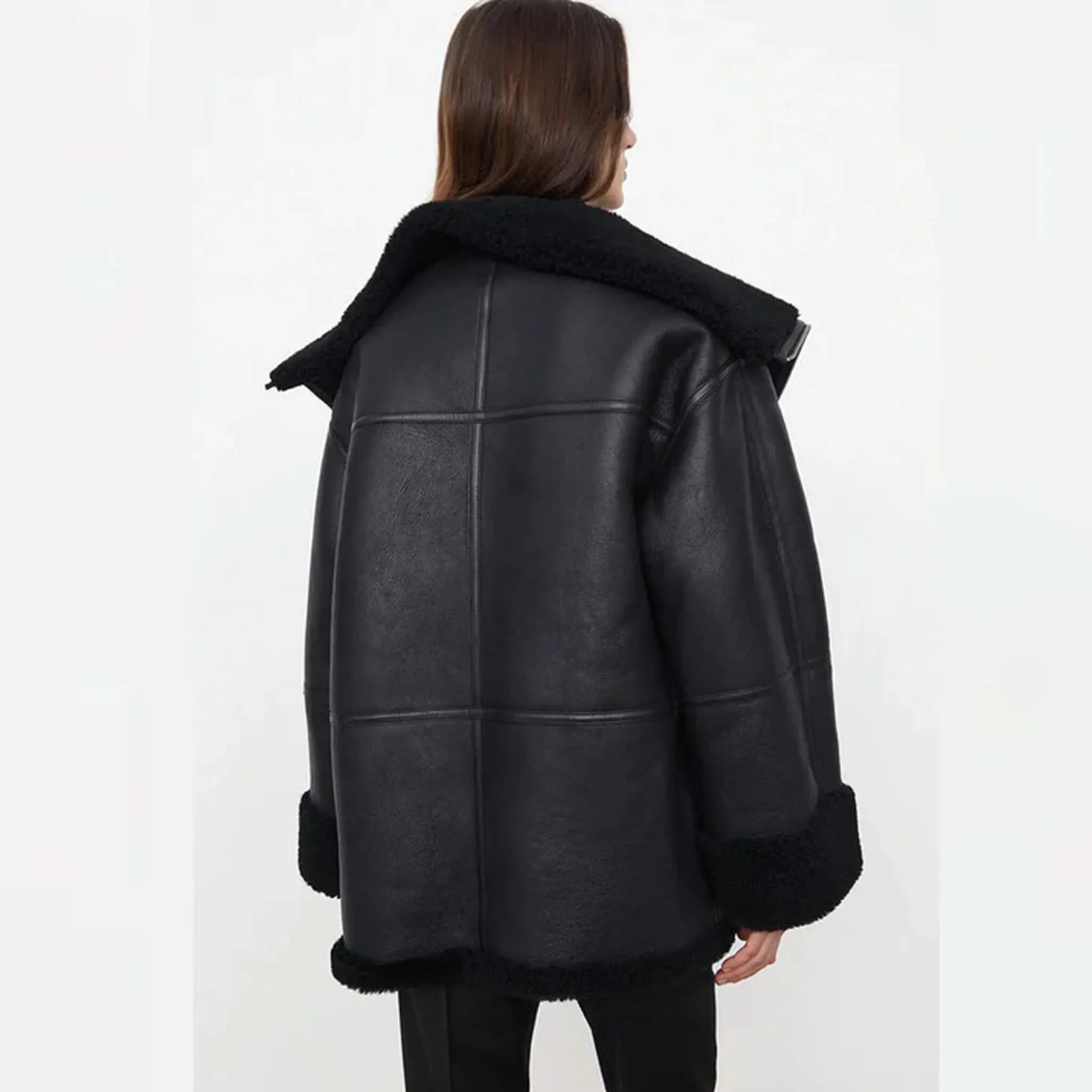 Black Shearling Aviator Biker Jacket for Women