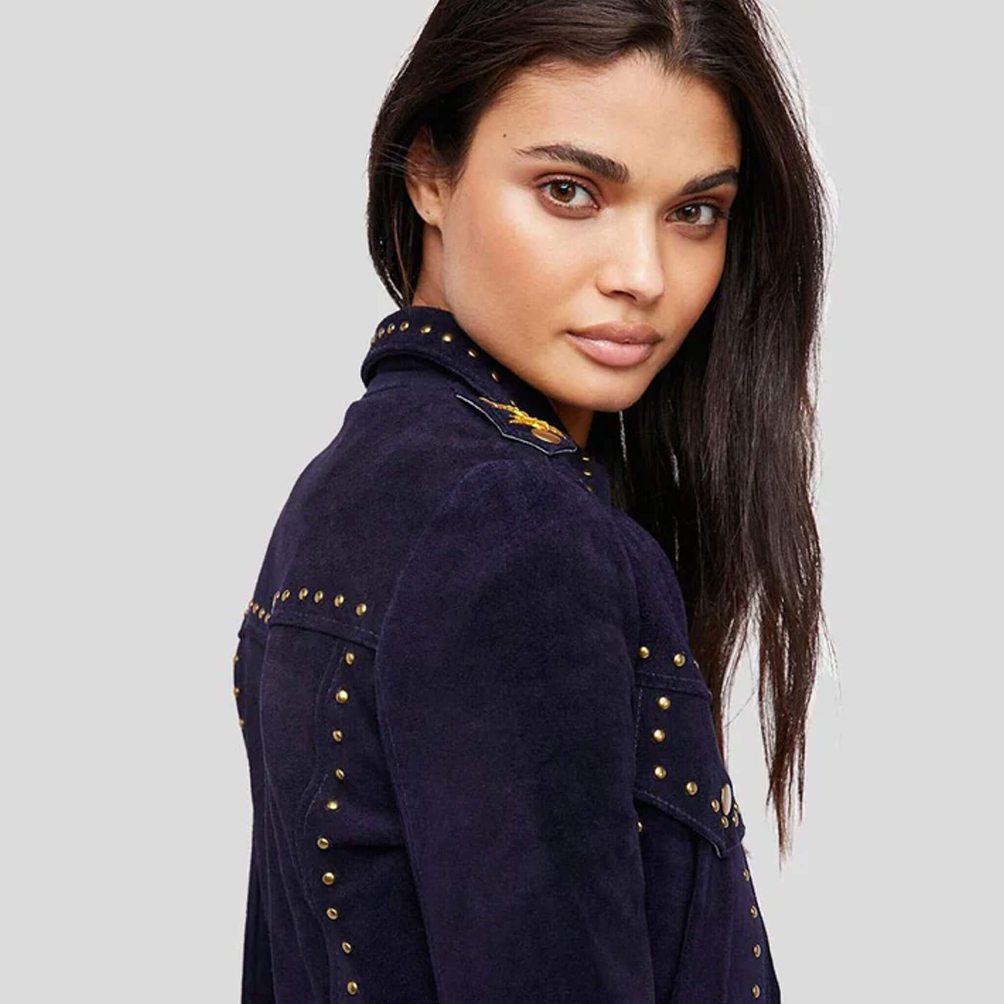 Nova Blue Studded Suede Leather Jacket for Women