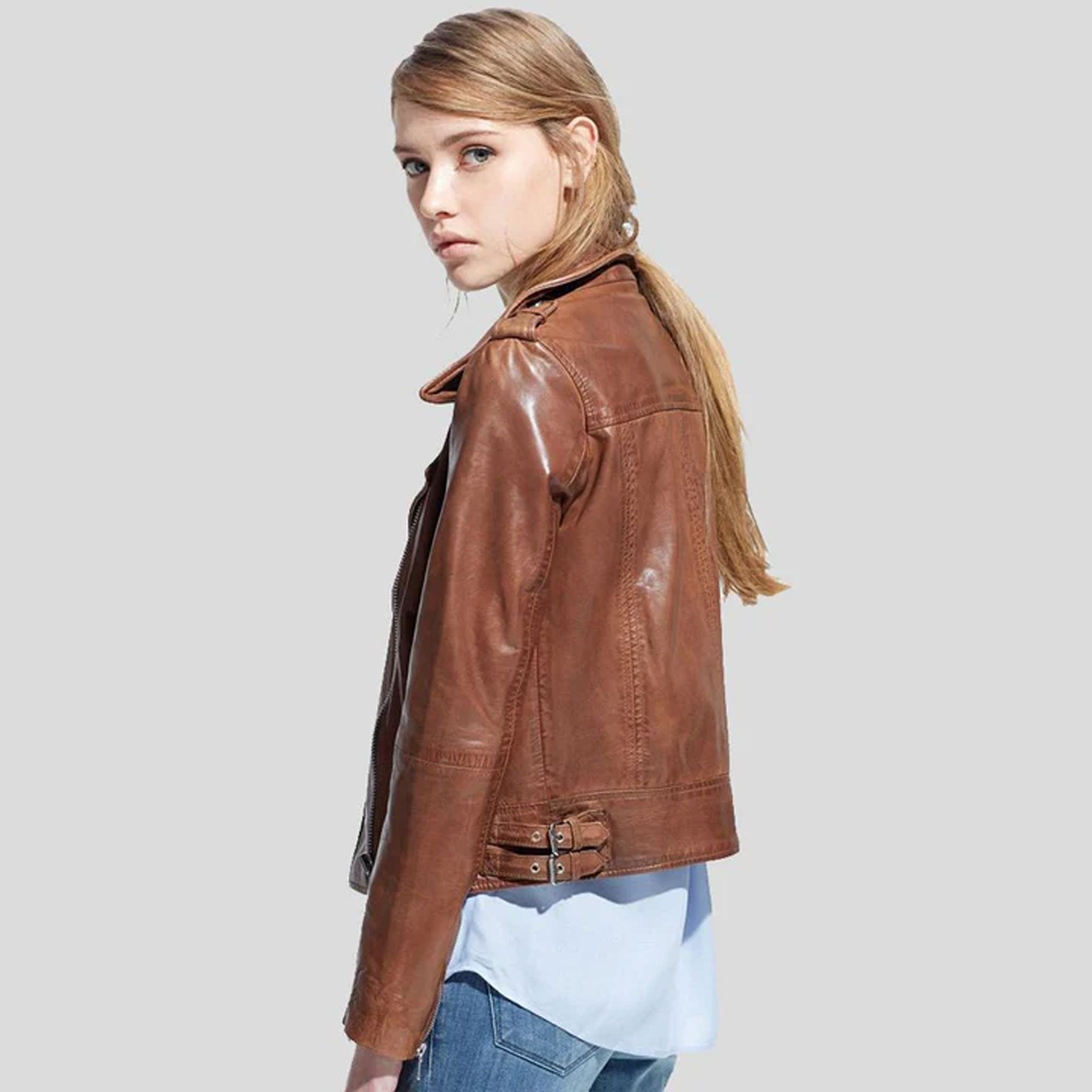 Bronterra Brown Lambskin Moto Jacket for Women