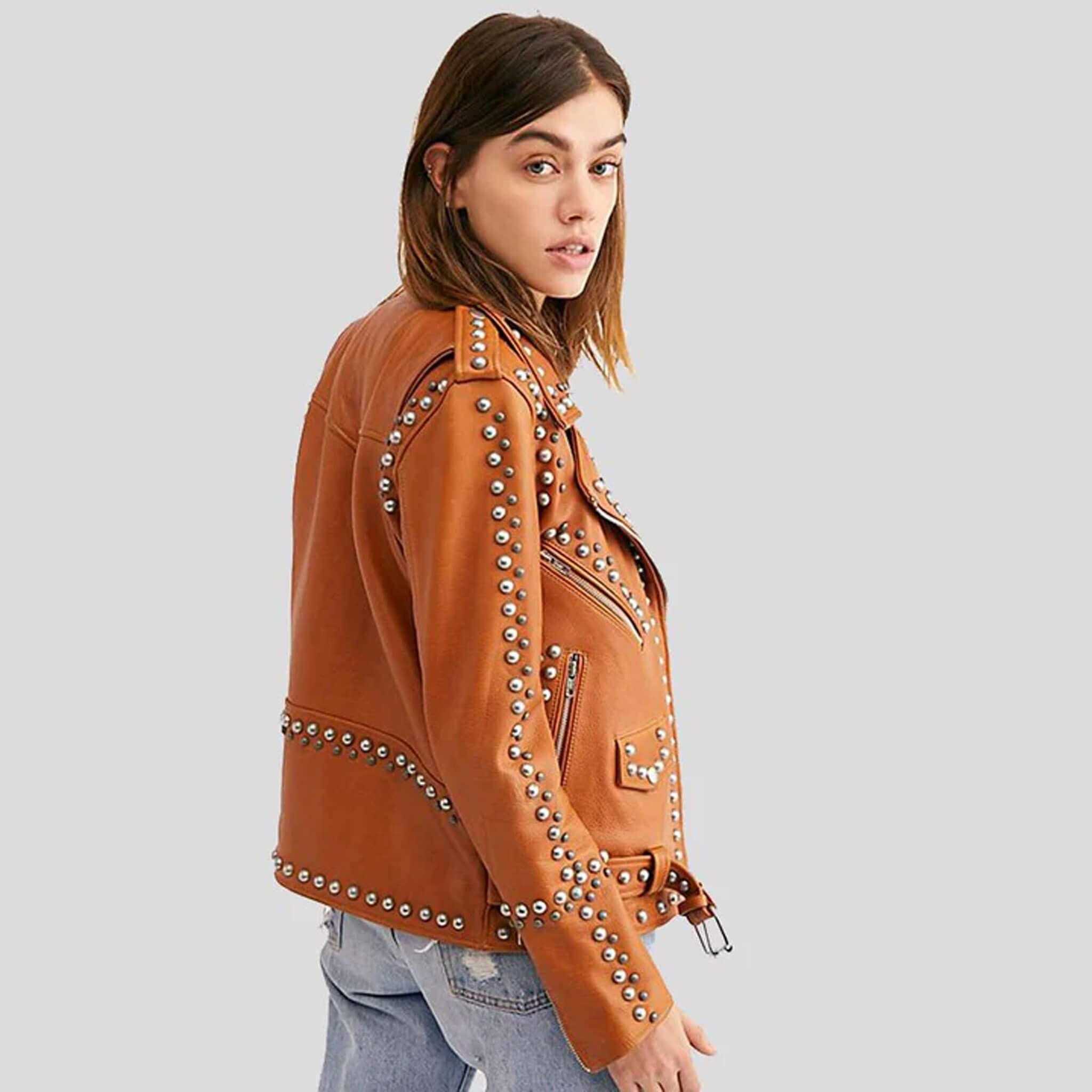 Luma Tan Studded Lambskin Leather Biker Jacket