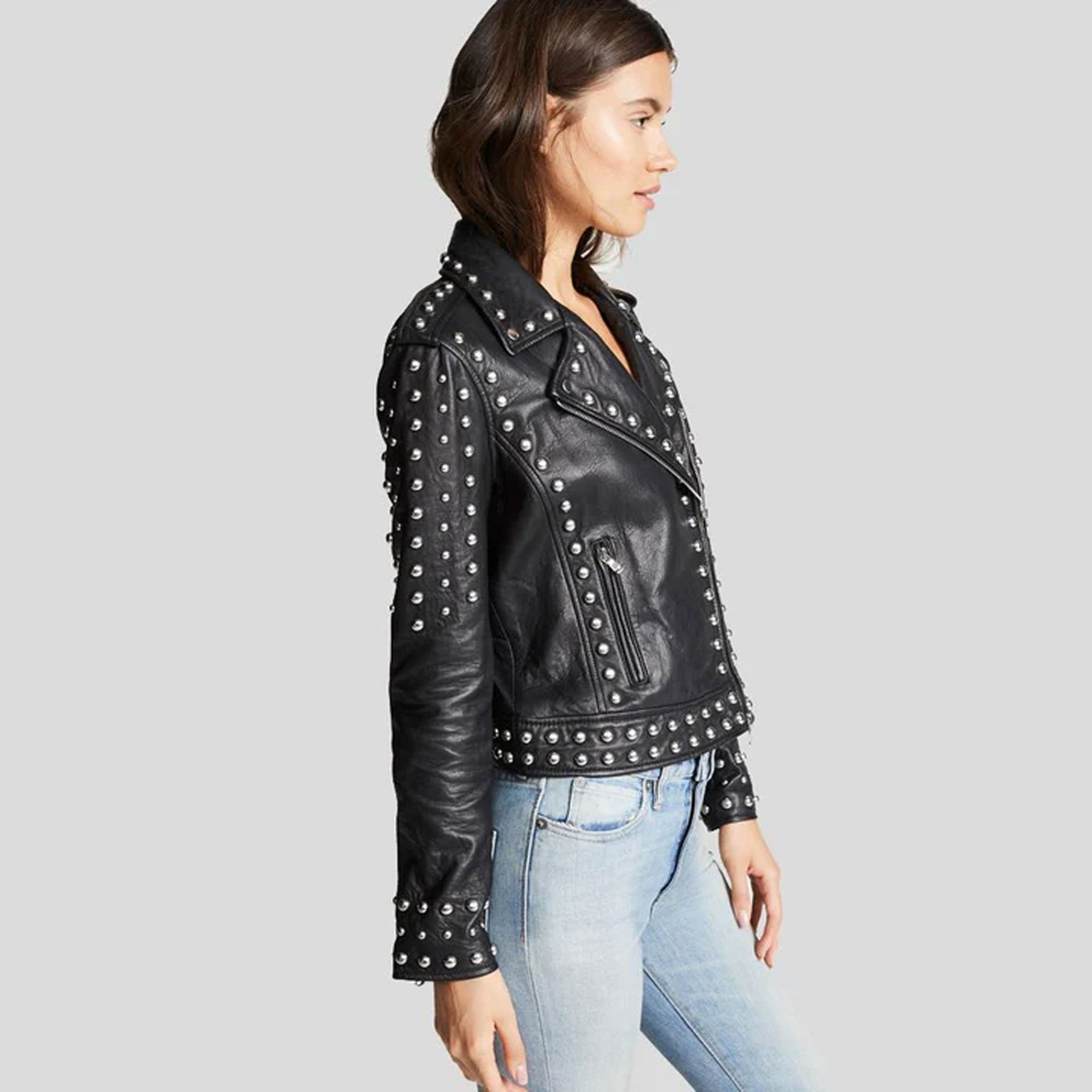Nightrixa Black Studded Lambskin Leather Biker Jacket