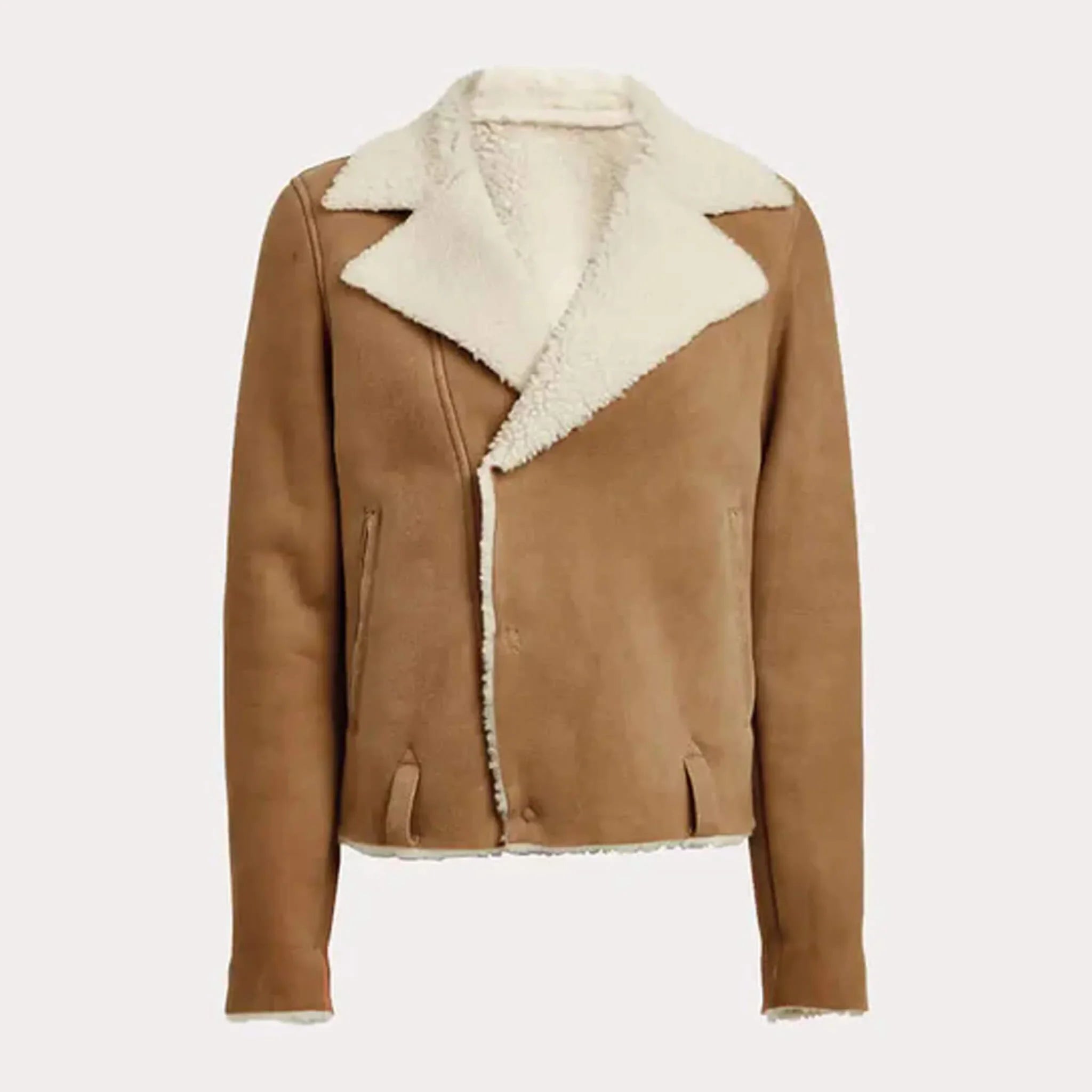 Beige Cropped Shearling Leather Jacket for Women