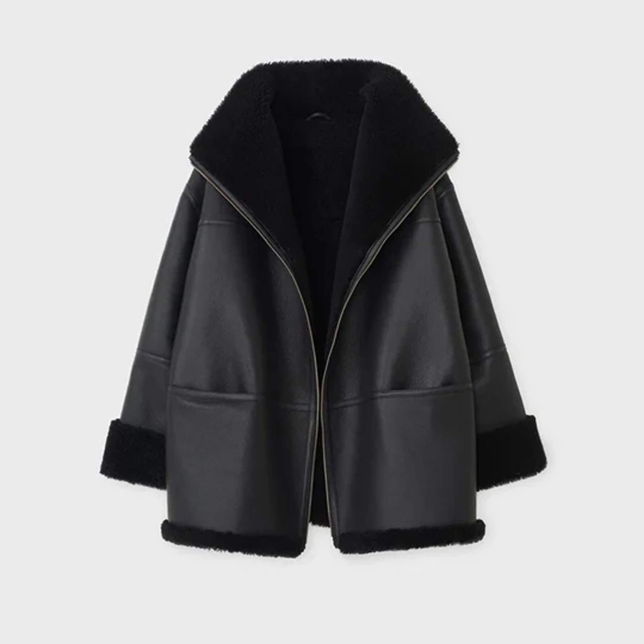 Black Shearling Aviator Biker Jacket for Women