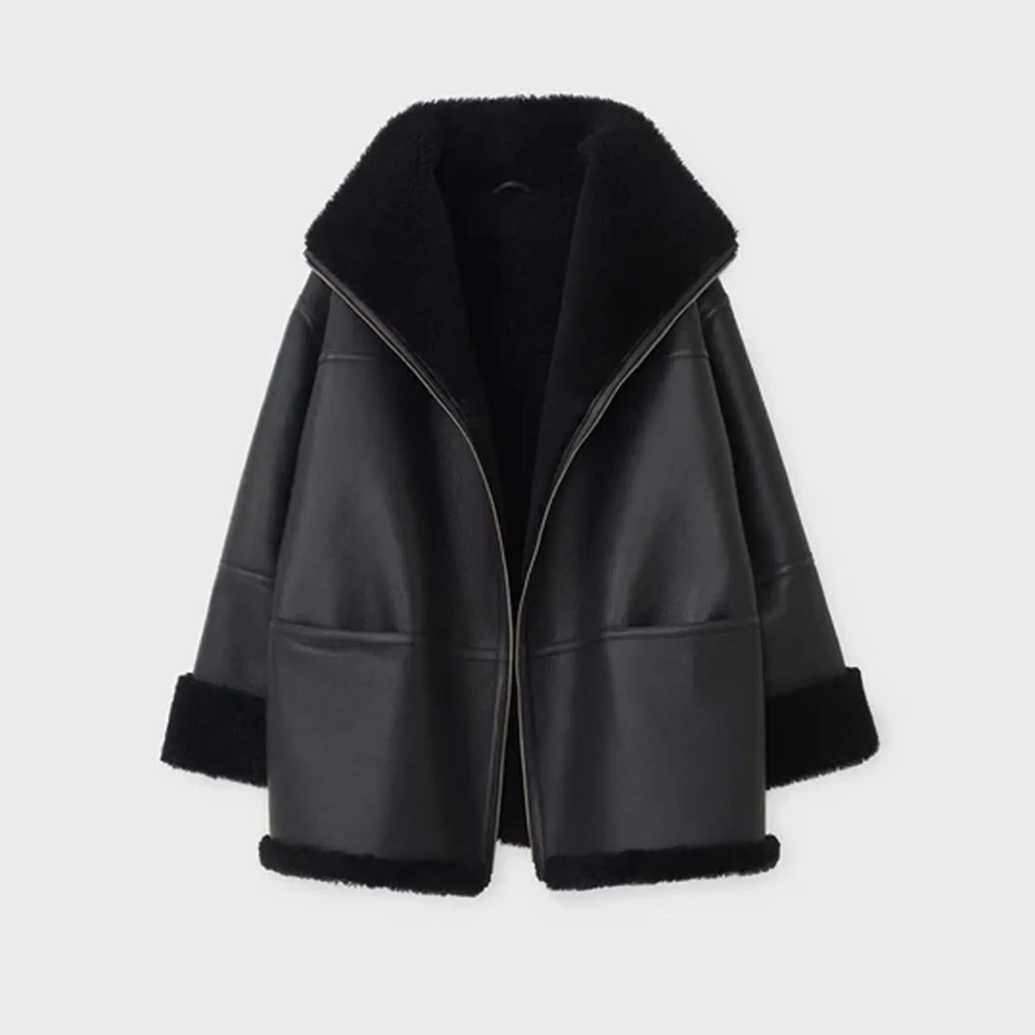 Black Shearling Aviator Biker Jacket for Women