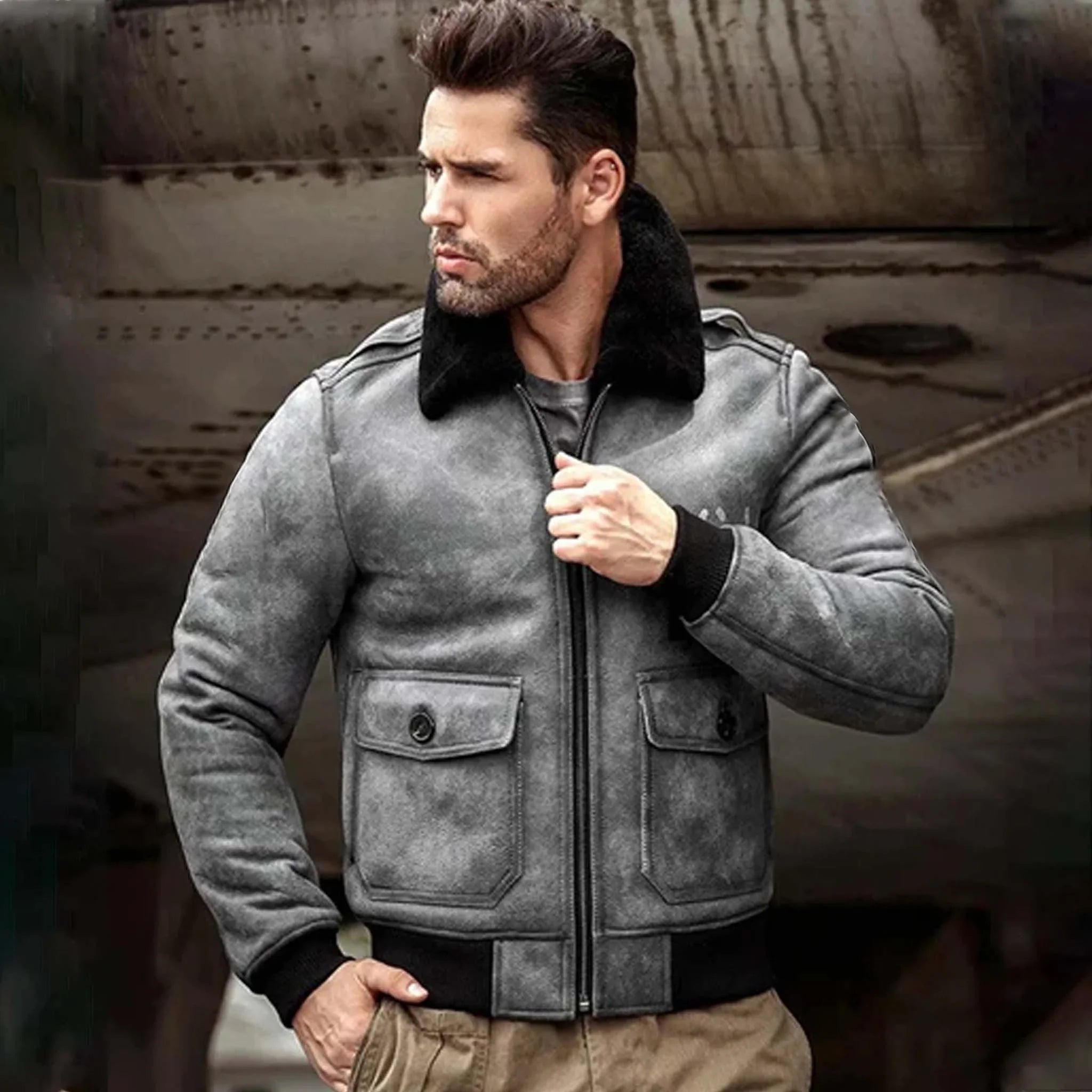 Savro Grey B3 Shearling Jacket - RAF Men's Flight Leather Coat
