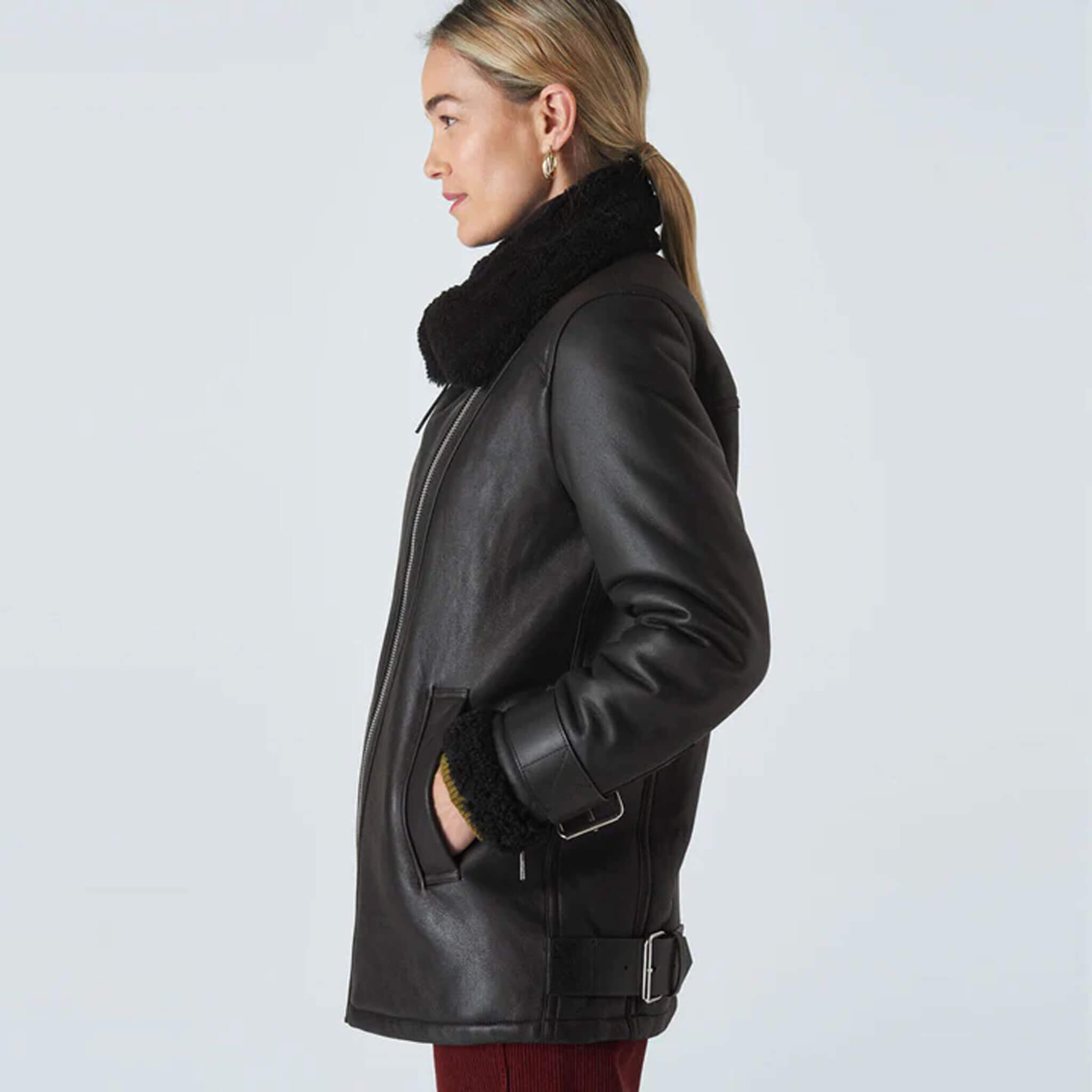 Brielle Black Shearling Aviator Biker Jacket