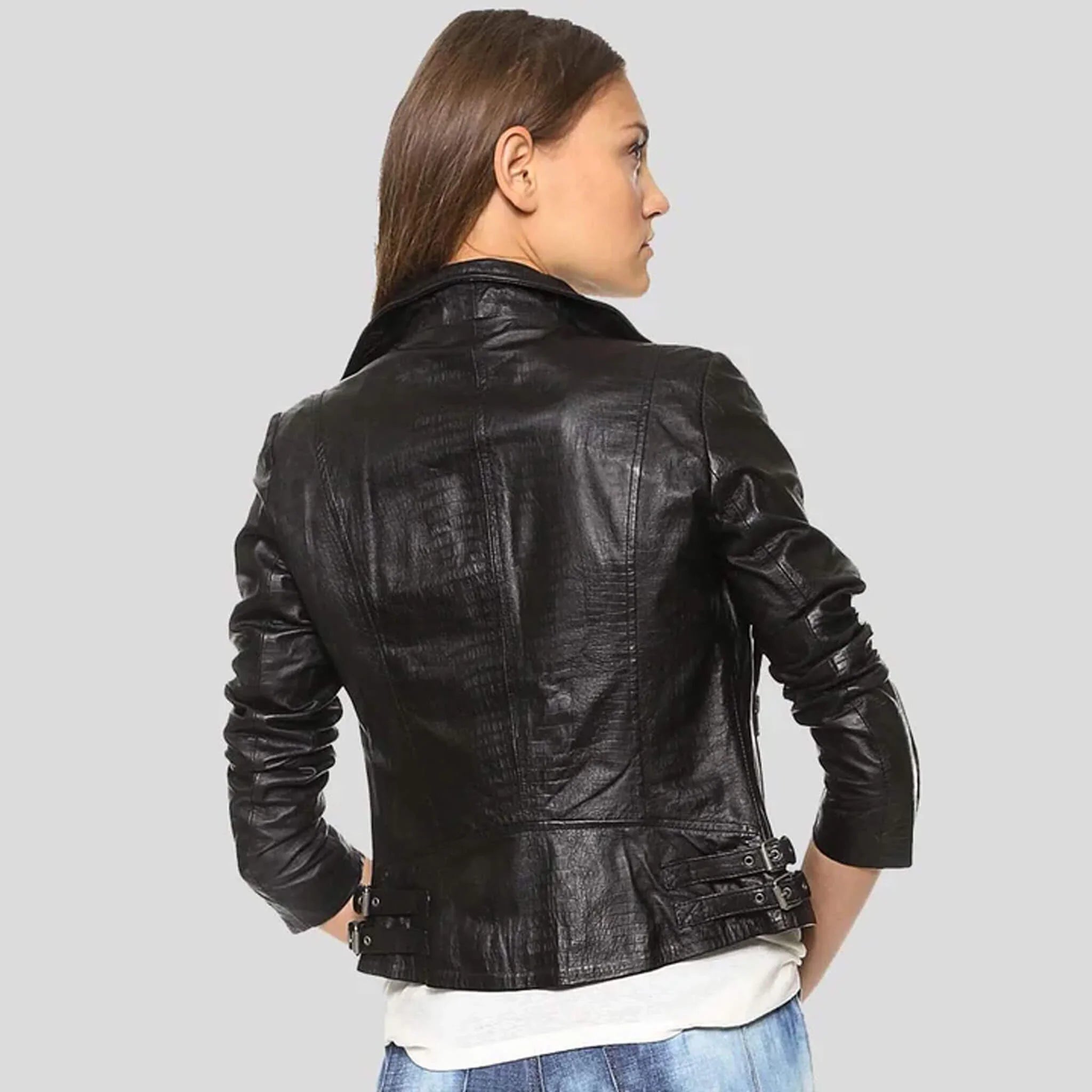 Zyra Croc-Textured Black Leather Moto Jacket
