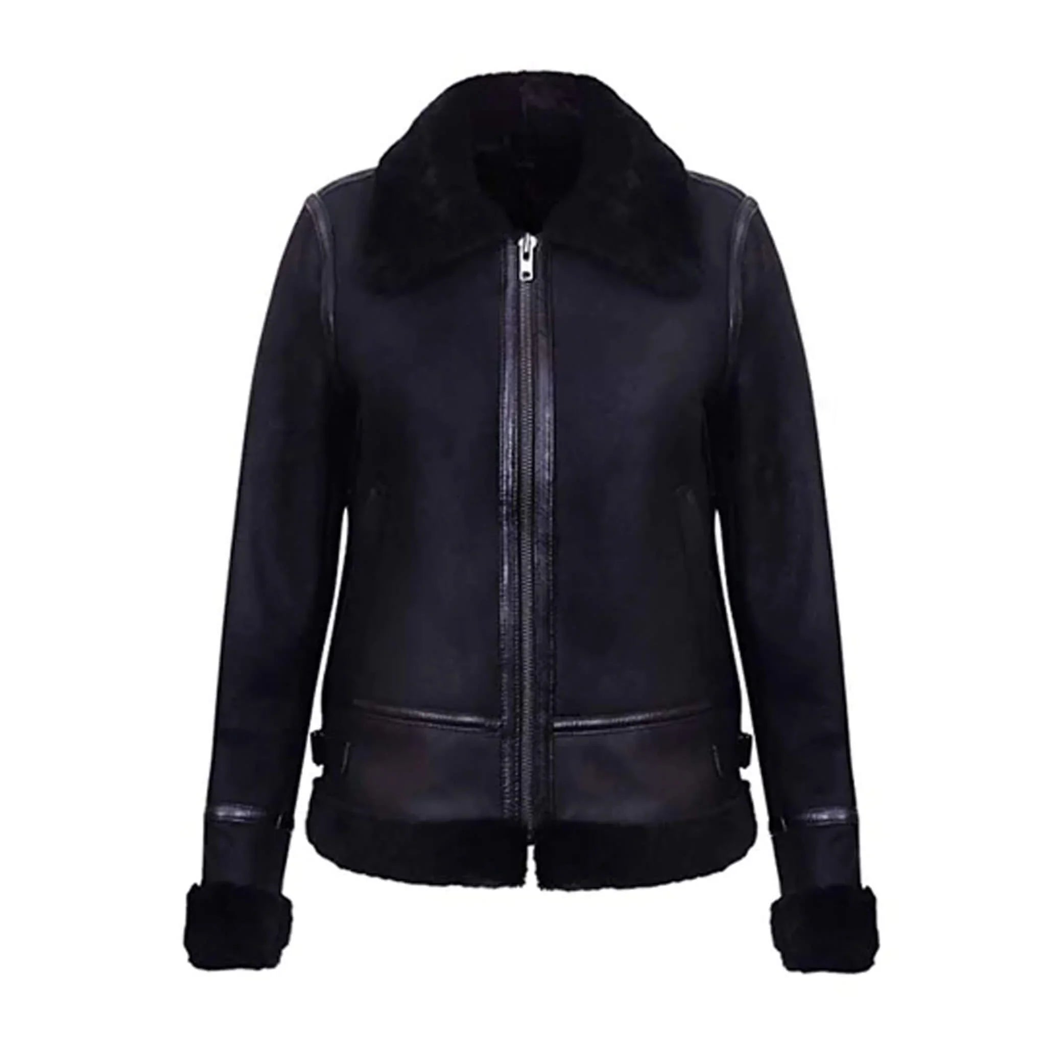 Black Sheepskin Aviator Shearling Biker Jacket – Women