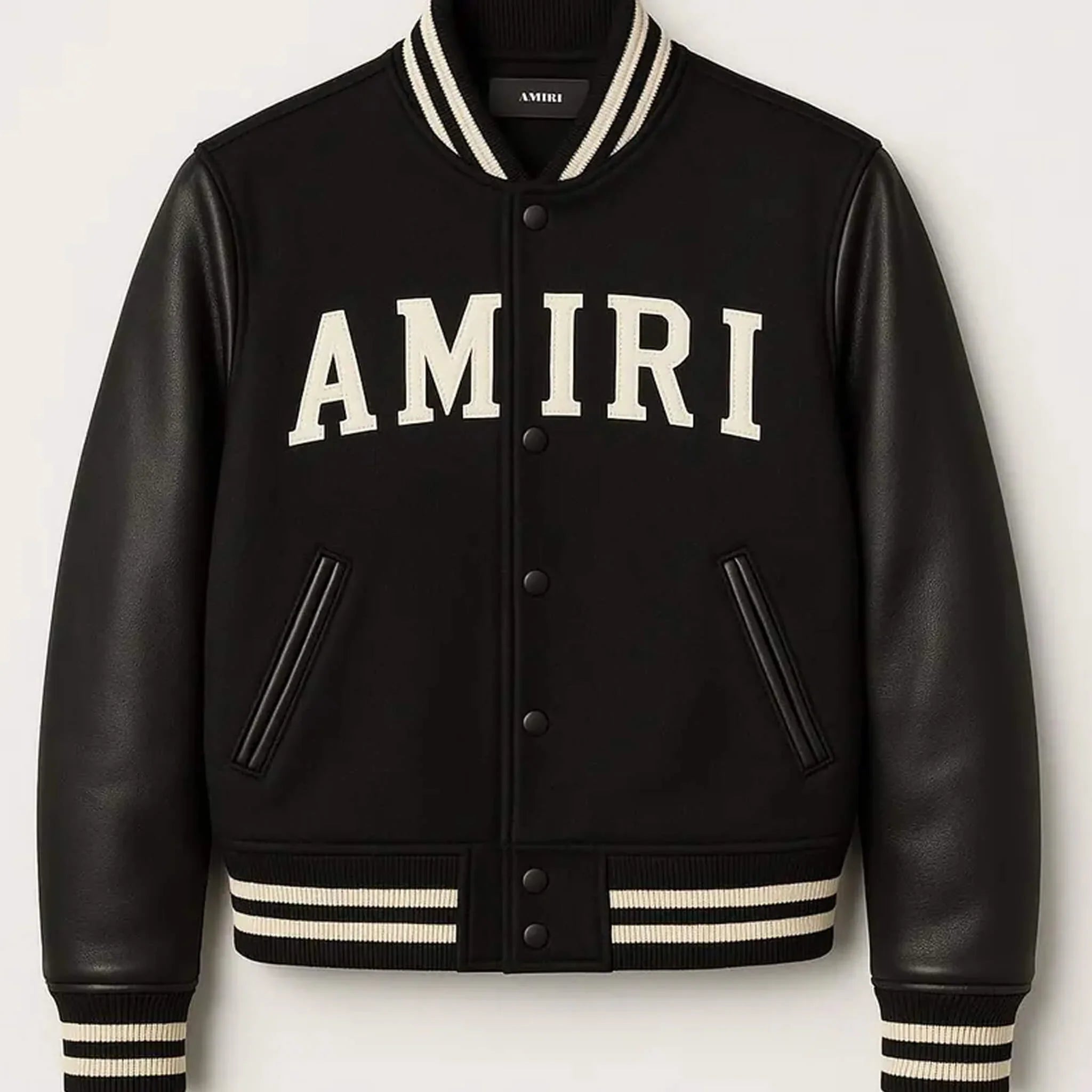 AMIRI Varsity Bomber Jacket – Black Wool & Leather - leathergang.com