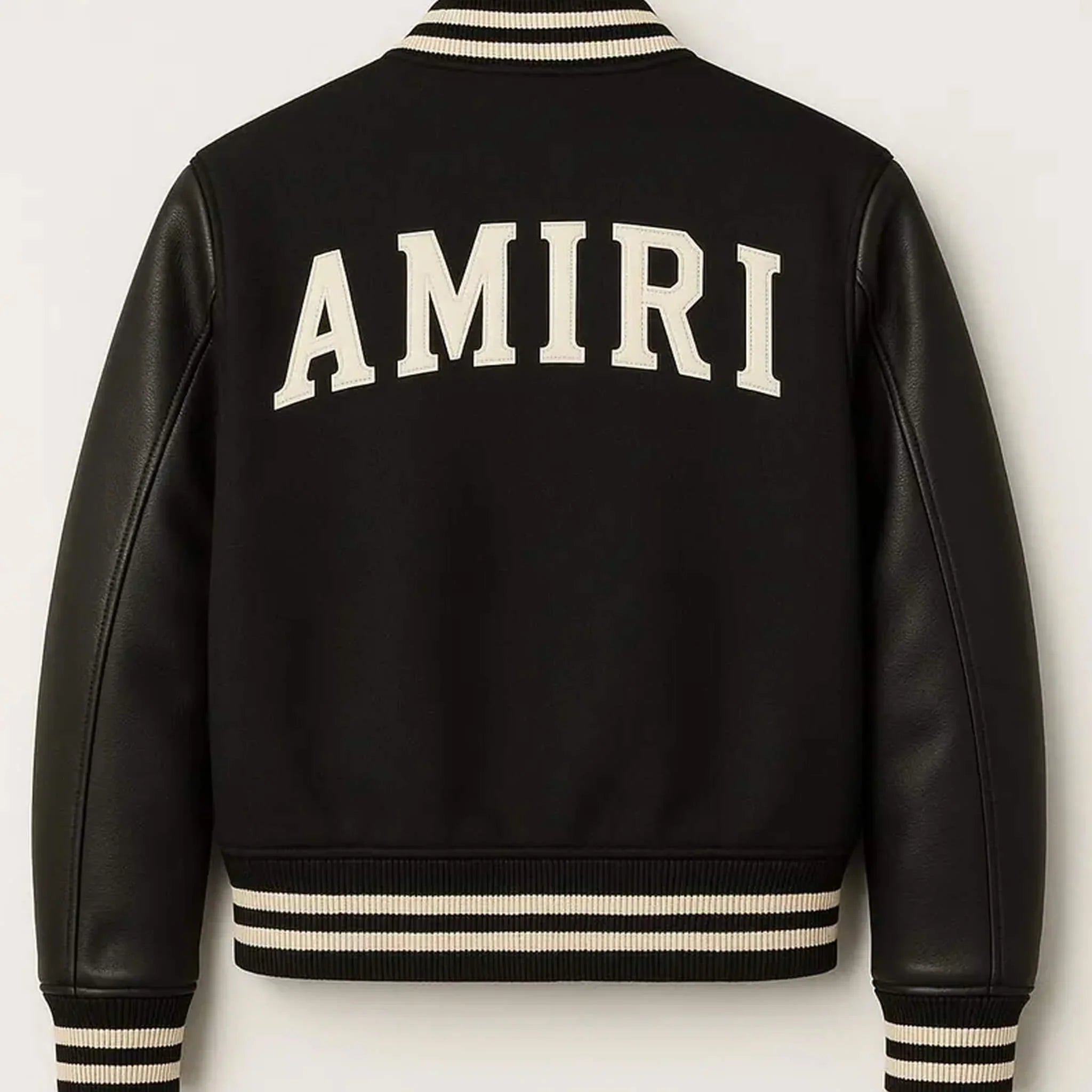 AMIRI Varsity Bomber Jacket – Black Wool & Leather - leathergang.com