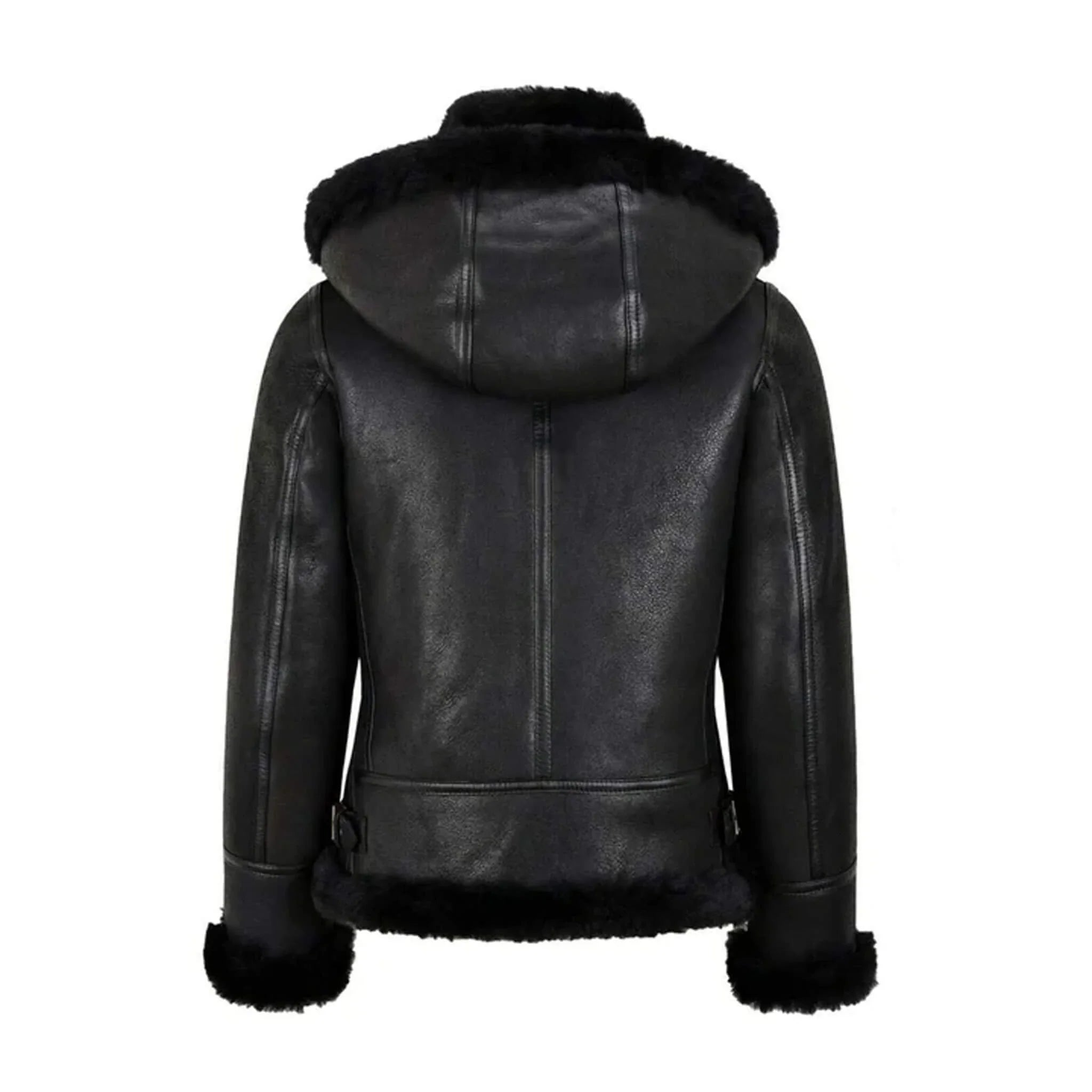 Black Shearling Aviator Jacket with Removable Hood